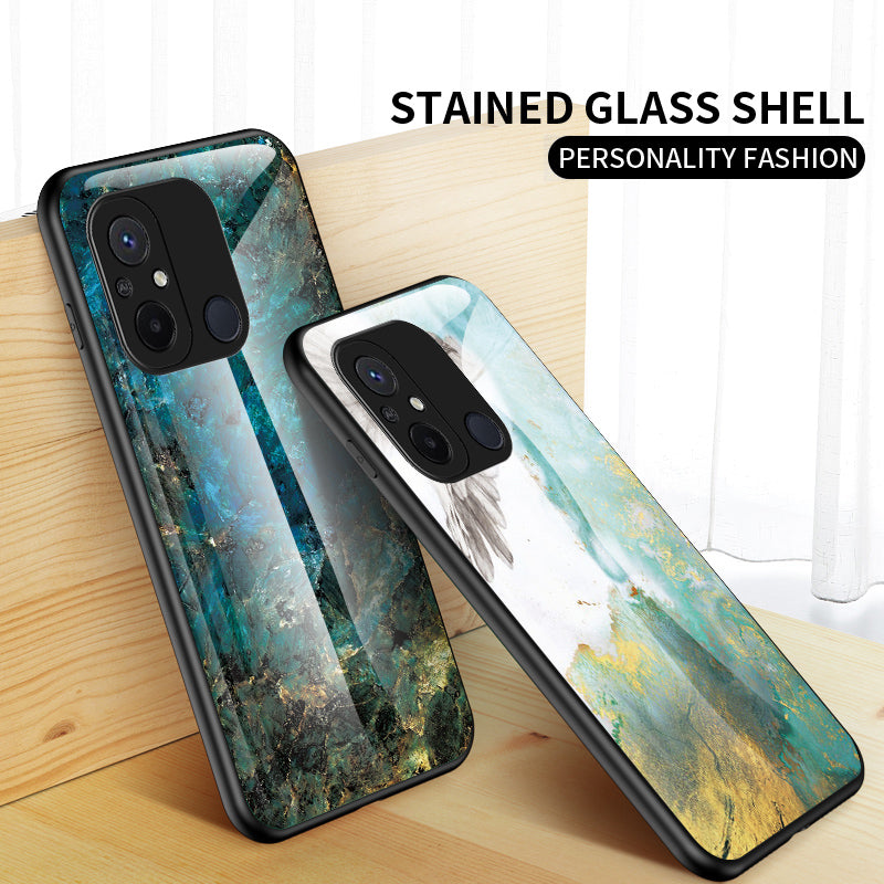 For Xiaomi Redmi 12C 4G Tempered Glass Phone Case Marble Pattern Design PC +TPU Protective Cover