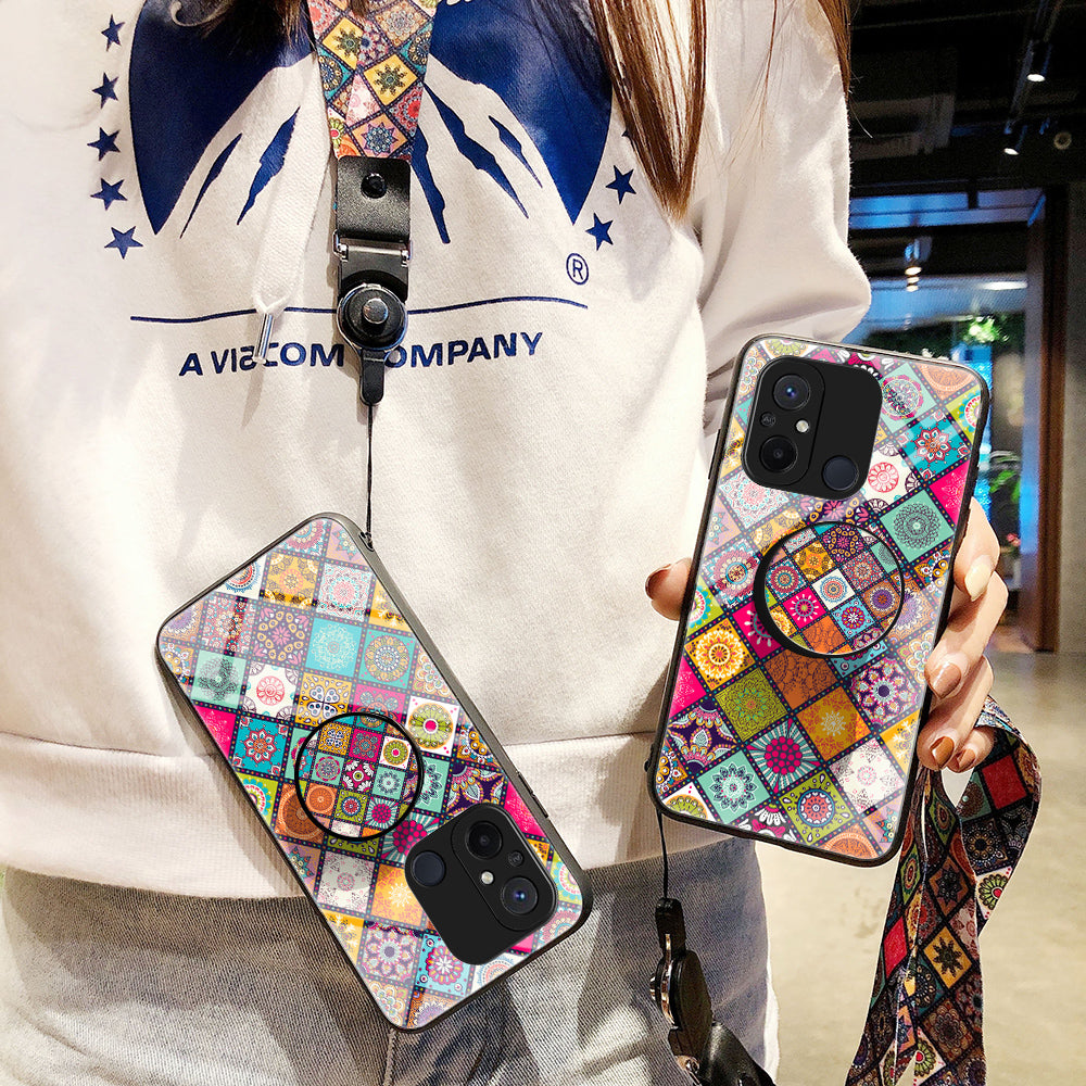 For Xiaomi Redmi 12C 4G Anti-Scratch Tempered Glass Back Cover Flower Pattern PC+TPU Kickstand Phone Case with Lanyard
