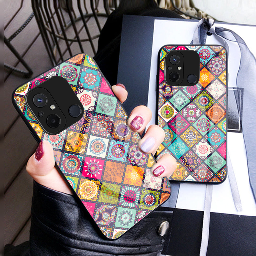 For Xiaomi Redmi 12C 4G Anti-Scratch Tempered Glass Back Cover Flower Pattern PC+TPU Kickstand Phone Case with Lanyard