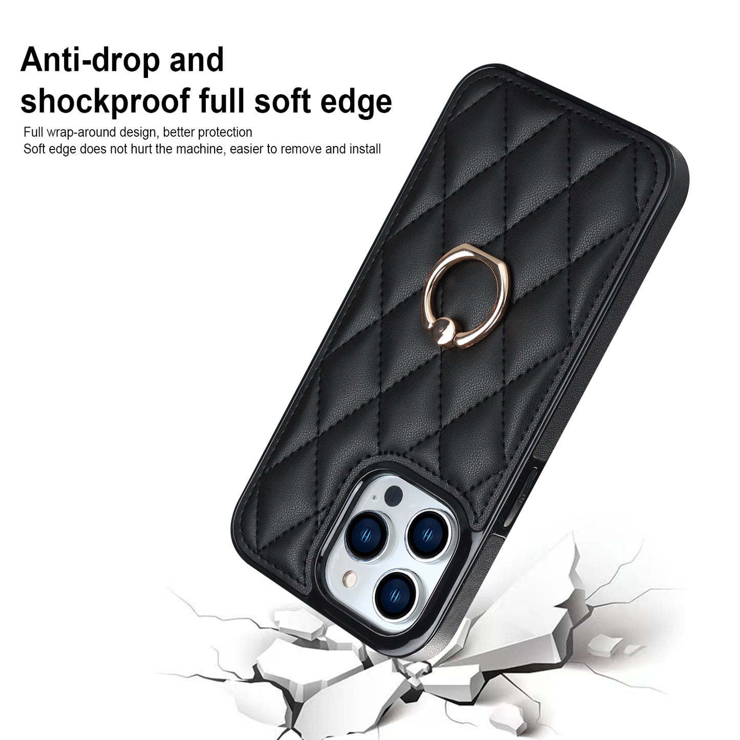For iPhone 13 Pro 6.1 inch Stitching Rhombus Ring Holder PU Leather+TPU Phone Case Kickstand Phone Cover