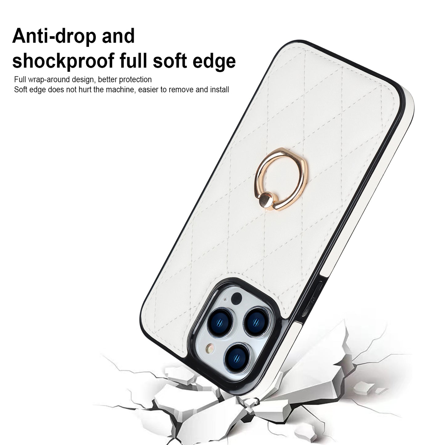 For iPhone 13 Pro 6.1 inch Stitching Rhombus Ring Holder PU Leather+TPU Phone Case Kickstand Phone Cover