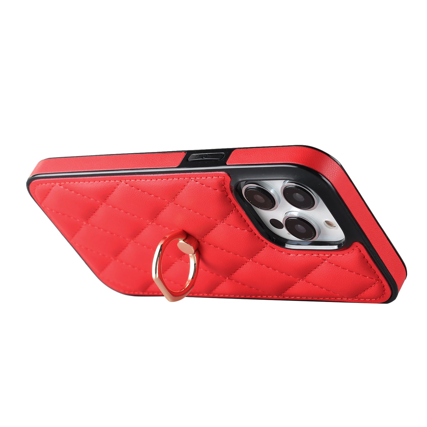 For iPhone 13 Pro 6.1 inch Stitching Rhombus Ring Holder PU Leather+TPU Phone Case Kickstand Phone Cover
