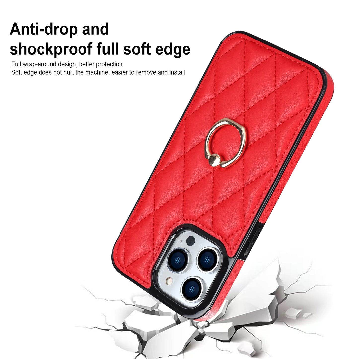For iPhone 13 Pro 6.1 inch Stitching Rhombus Ring Holder PU Leather+TPU Phone Case Kickstand Phone Cover