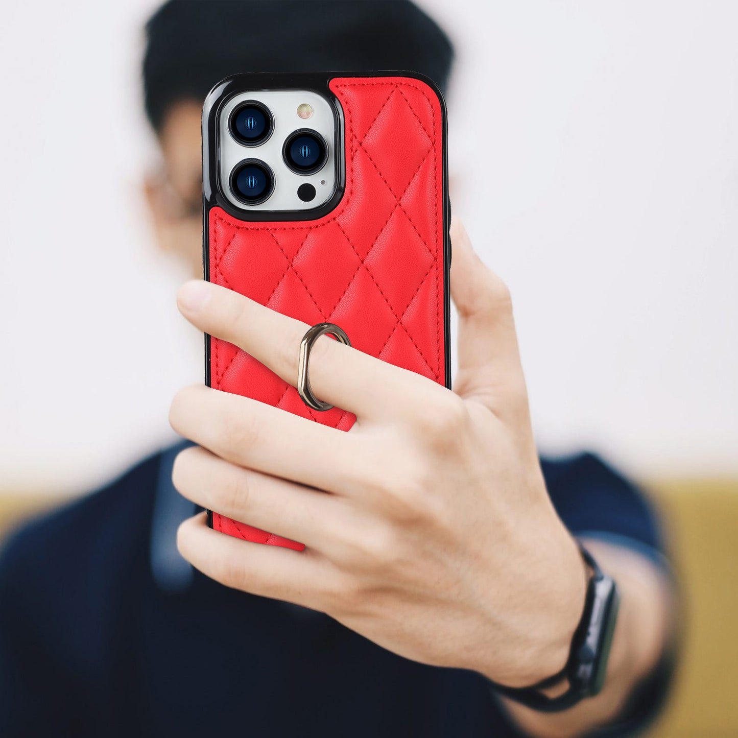 For iPhone 13 Pro 6.1 inch Stitching Rhombus Ring Holder PU Leather+TPU Phone Case Kickstand Phone Cover