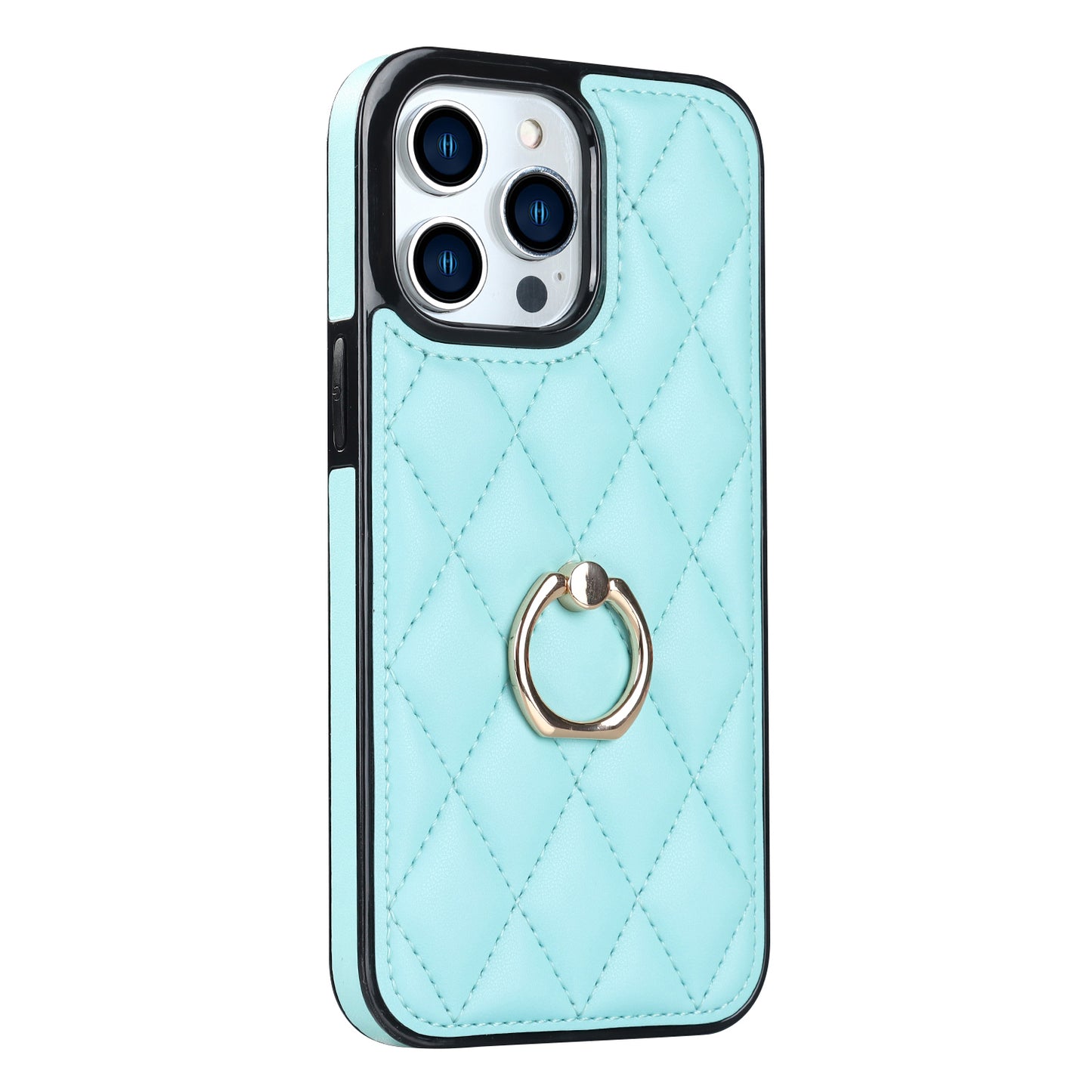 For iPhone 13 Pro 6.1 inch Stitching Rhombus Ring Holder PU Leather+TPU Phone Case Kickstand Phone Cover