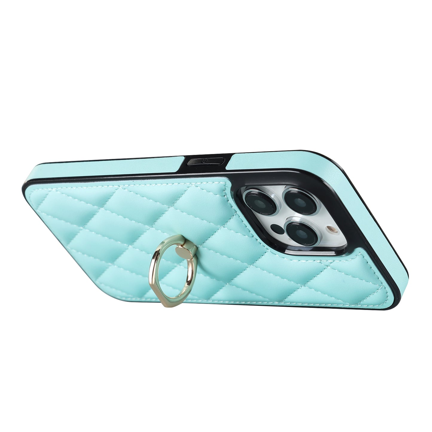 For iPhone 13 Pro 6.1 inch Stitching Rhombus Ring Holder PU Leather+TPU Phone Case Kickstand Phone Cover