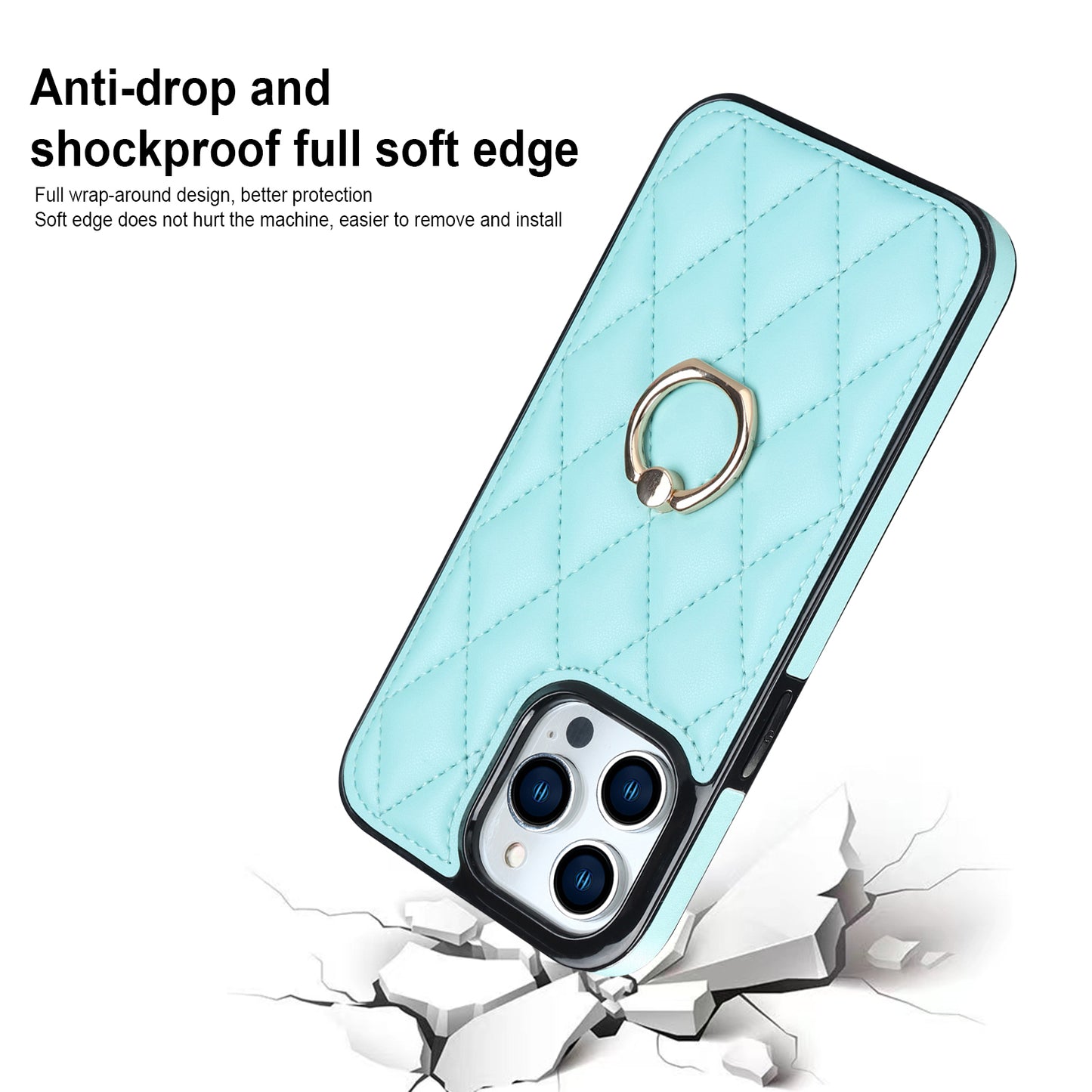 For iPhone 13 Pro 6.1 inch Stitching Rhombus Ring Holder PU Leather+TPU Phone Case Kickstand Phone Cover