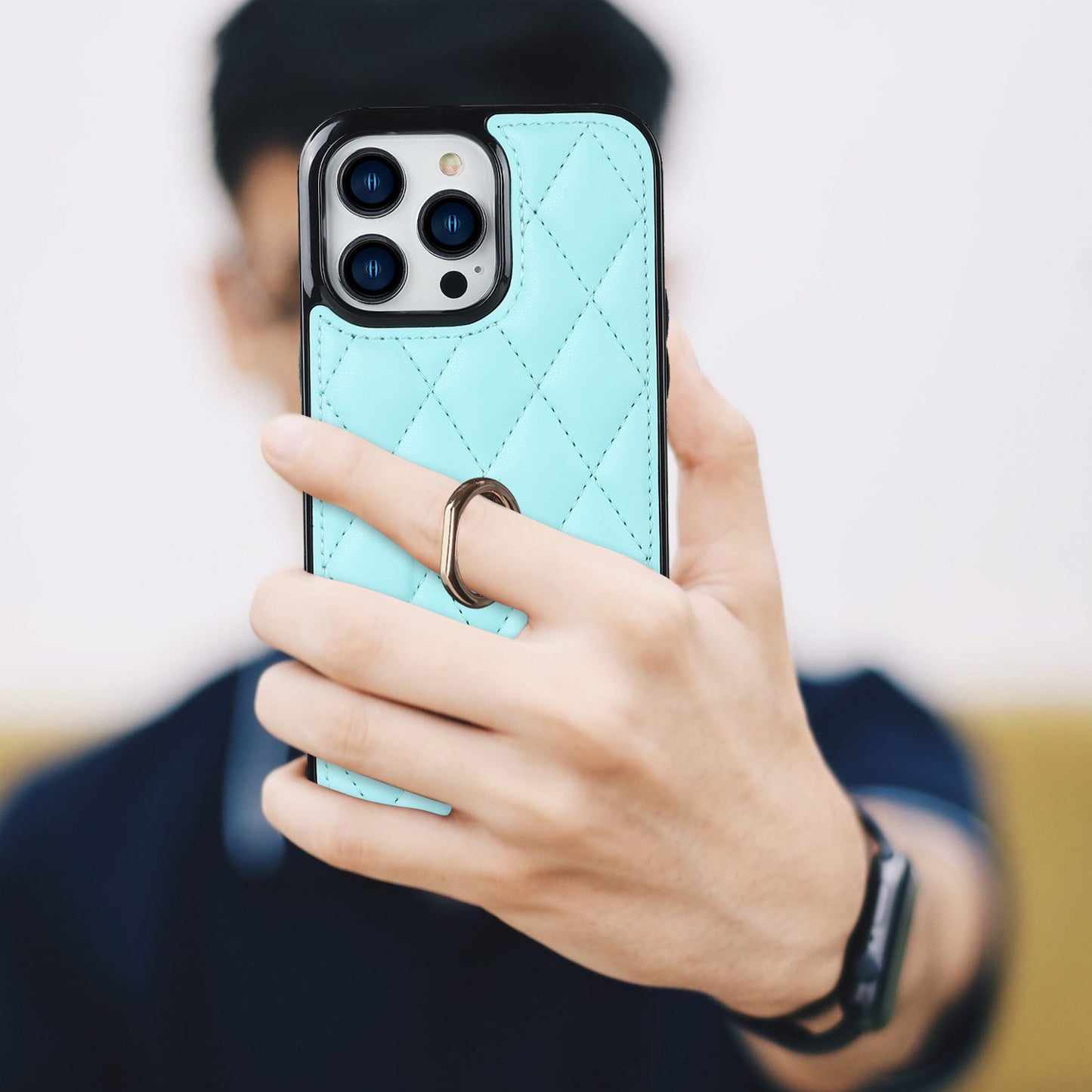 For iPhone 13 Pro 6.1 inch Stitching Rhombus Ring Holder PU Leather+TPU Phone Case Kickstand Phone Cover