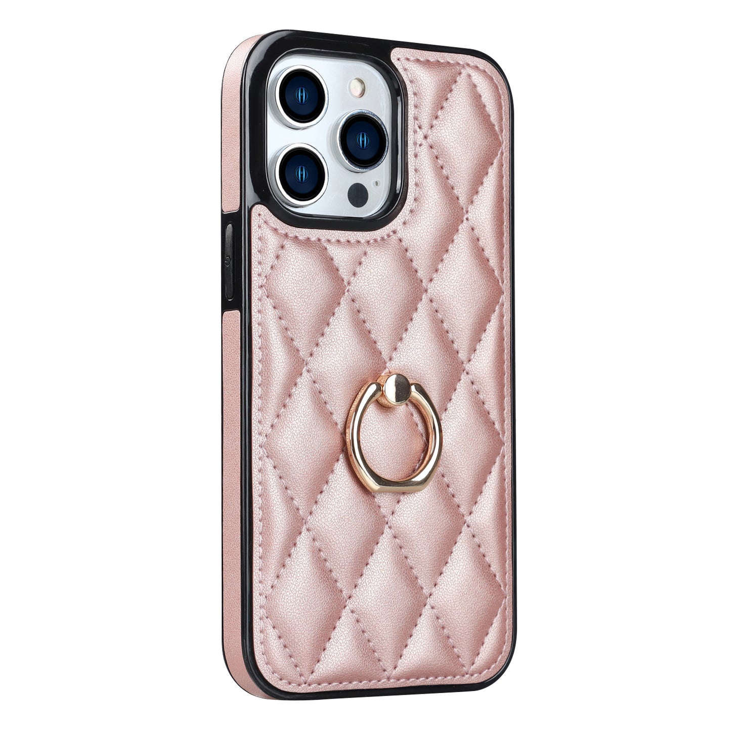 For iPhone 13 Pro 6.1 inch Stitching Rhombus Ring Holder PU Leather+TPU Phone Case Kickstand Phone Cover