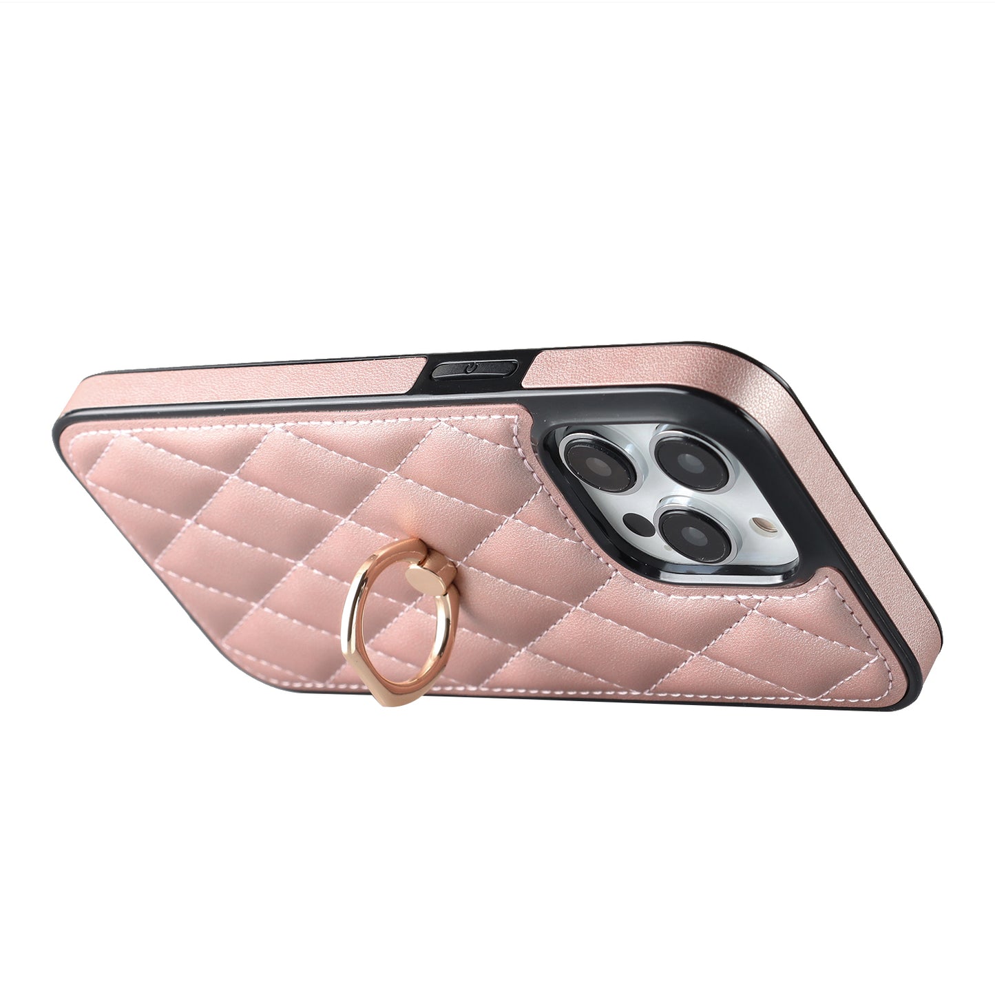For iPhone 13 Pro 6.1 inch Stitching Rhombus Ring Holder PU Leather+TPU Phone Case Kickstand Phone Cover