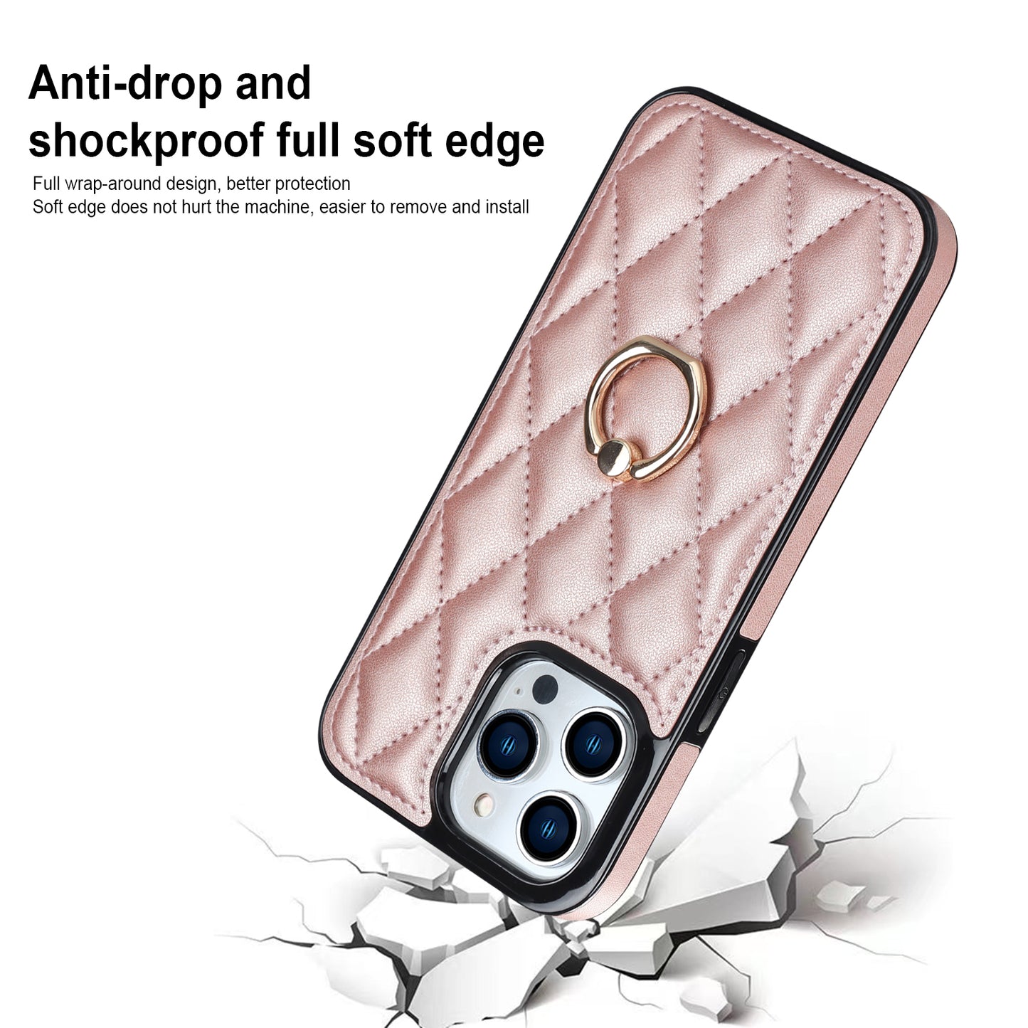 For iPhone 13 Pro 6.1 inch Stitching Rhombus Ring Holder PU Leather+TPU Phone Case Kickstand Phone Cover