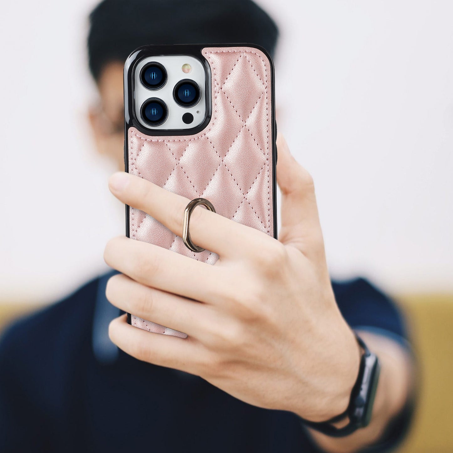 For iPhone 13 Pro 6.1 inch Stitching Rhombus Ring Holder PU Leather+TPU Phone Case Kickstand Phone Cover