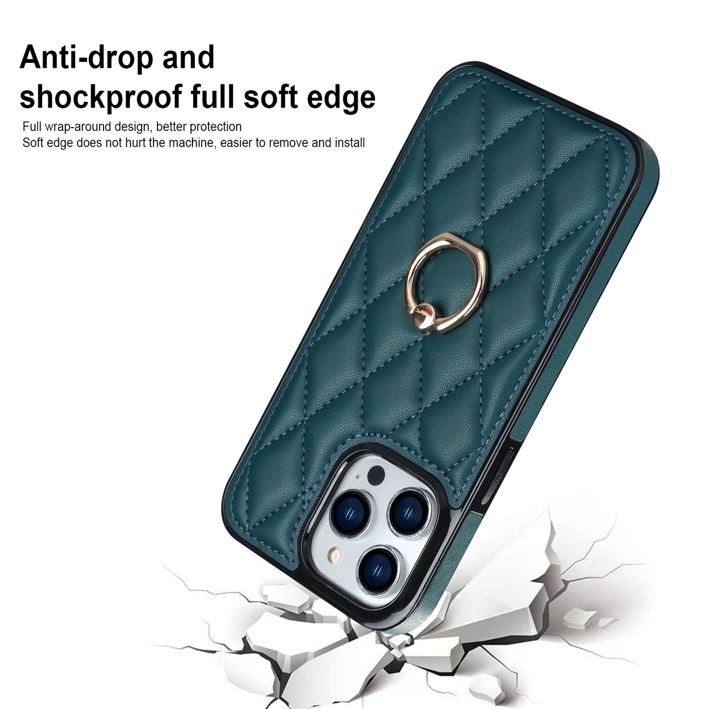 For iPhone 13 Pro 6.1 inch Stitching Rhombus Ring Holder PU Leather+TPU Phone Case Kickstand Phone Cover