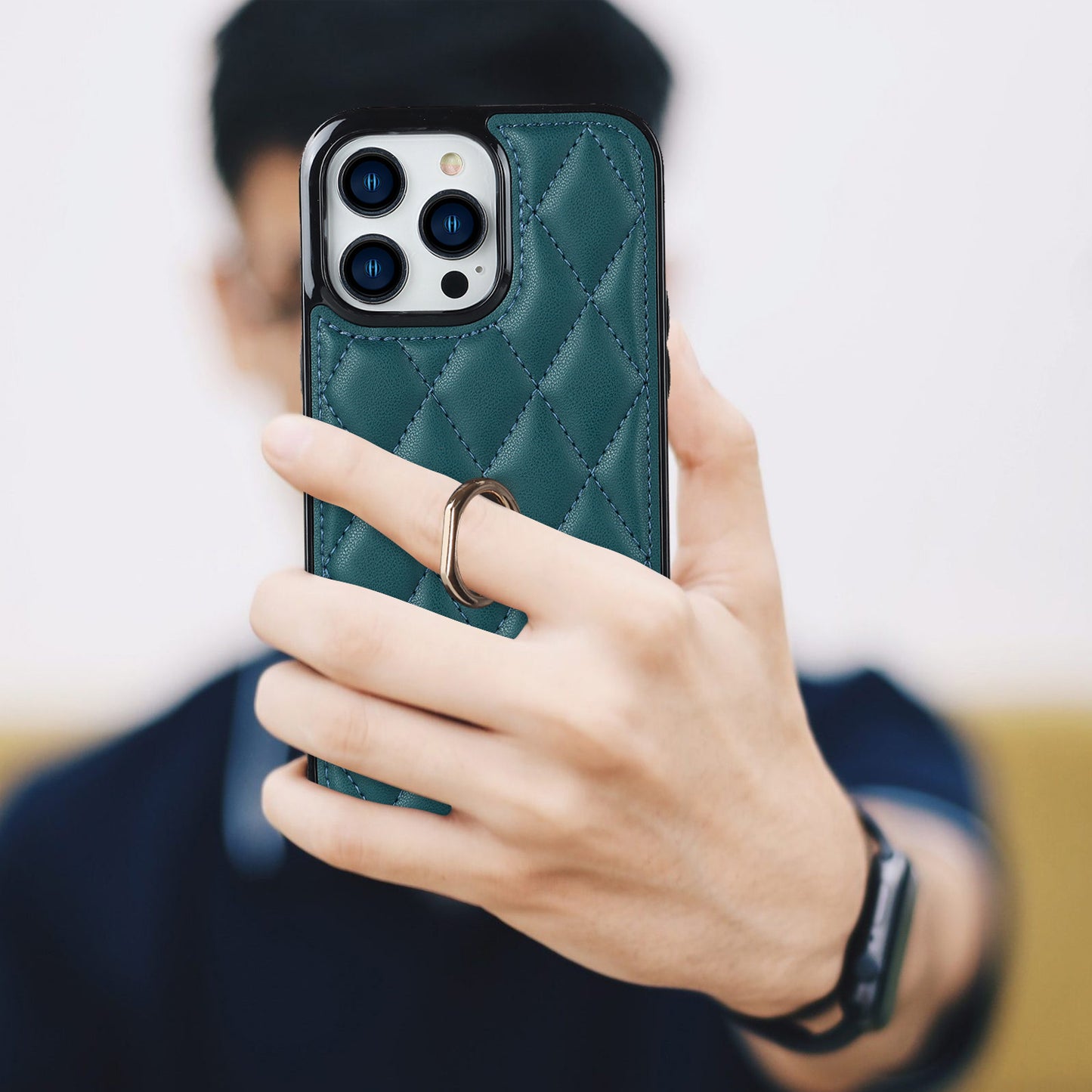 For iPhone 13 Pro 6.1 inch Stitching Rhombus Ring Holder PU Leather+TPU Phone Case Kickstand Phone Cover