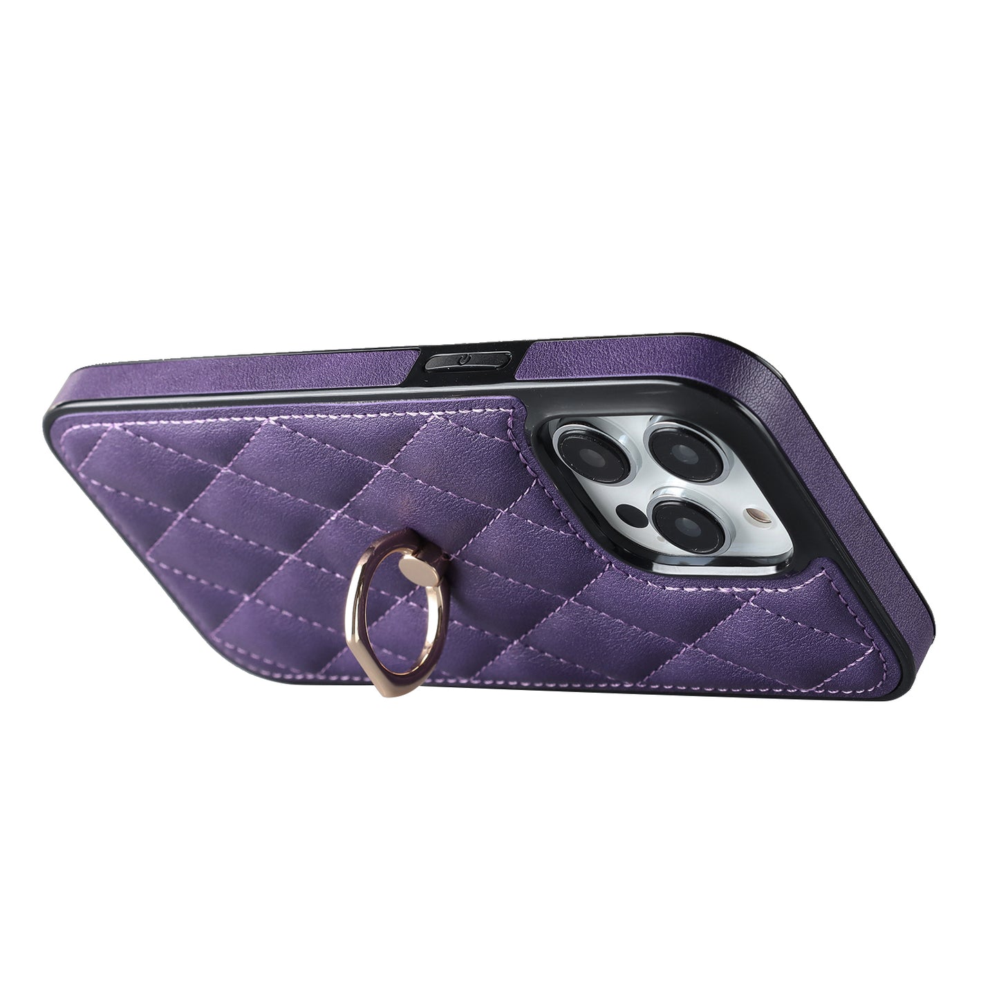For iPhone 13 Pro 6.1 inch Stitching Rhombus Ring Holder PU Leather+TPU Phone Case Kickstand Phone Cover
