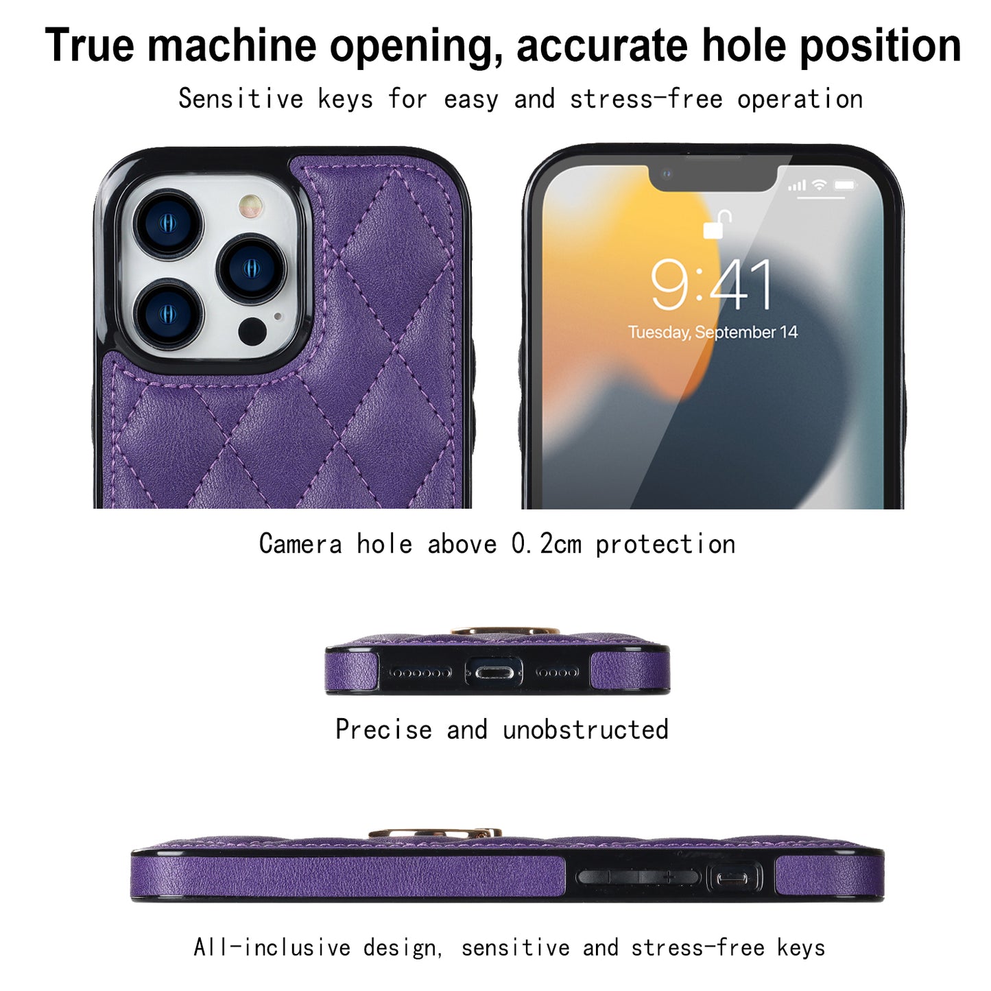 For iPhone 13 Pro 6.1 inch Stitching Rhombus Ring Holder PU Leather+TPU Phone Case Kickstand Phone Cover