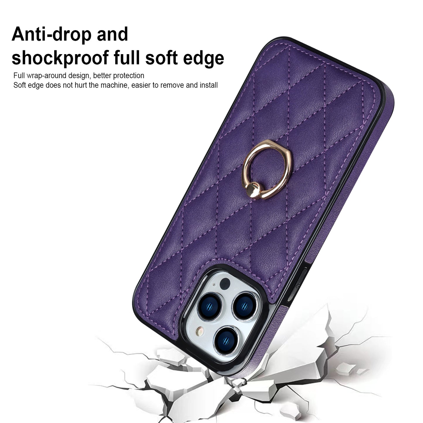 For iPhone 13 Pro 6.1 inch Stitching Rhombus Ring Holder PU Leather+TPU Phone Case Kickstand Phone Cover