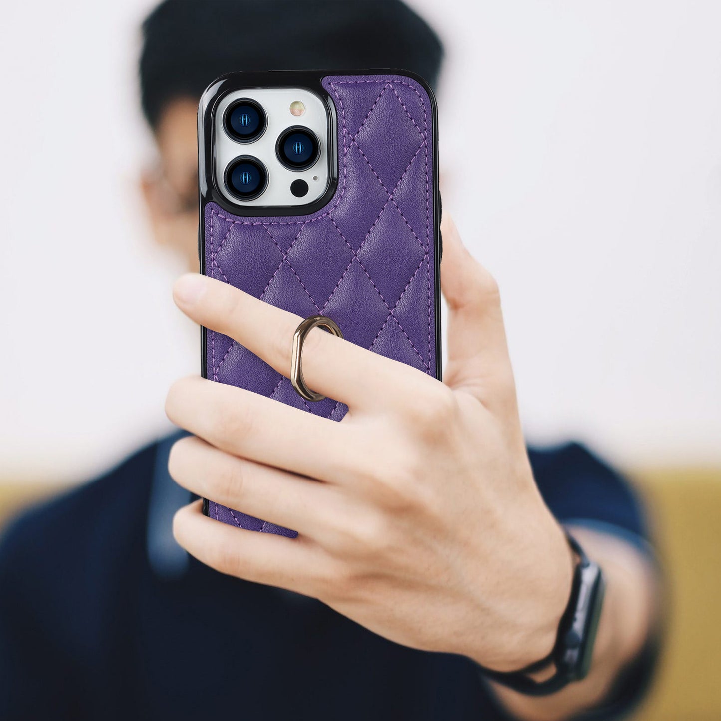 For iPhone 13 Pro 6.1 inch Stitching Rhombus Ring Holder PU Leather+TPU Phone Case Kickstand Phone Cover