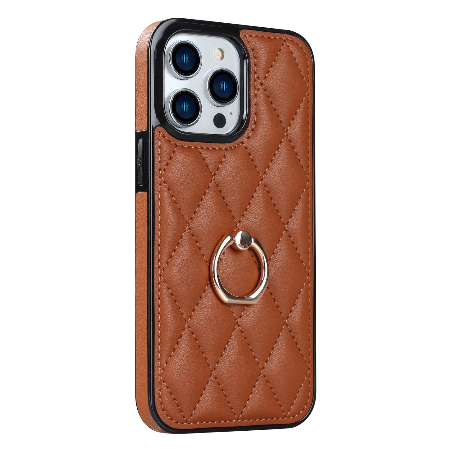For iPhone 13 Pro 6.1 inch Stitching Rhombus Ring Holder PU Leather+TPU Phone Case Kickstand Phone Cover