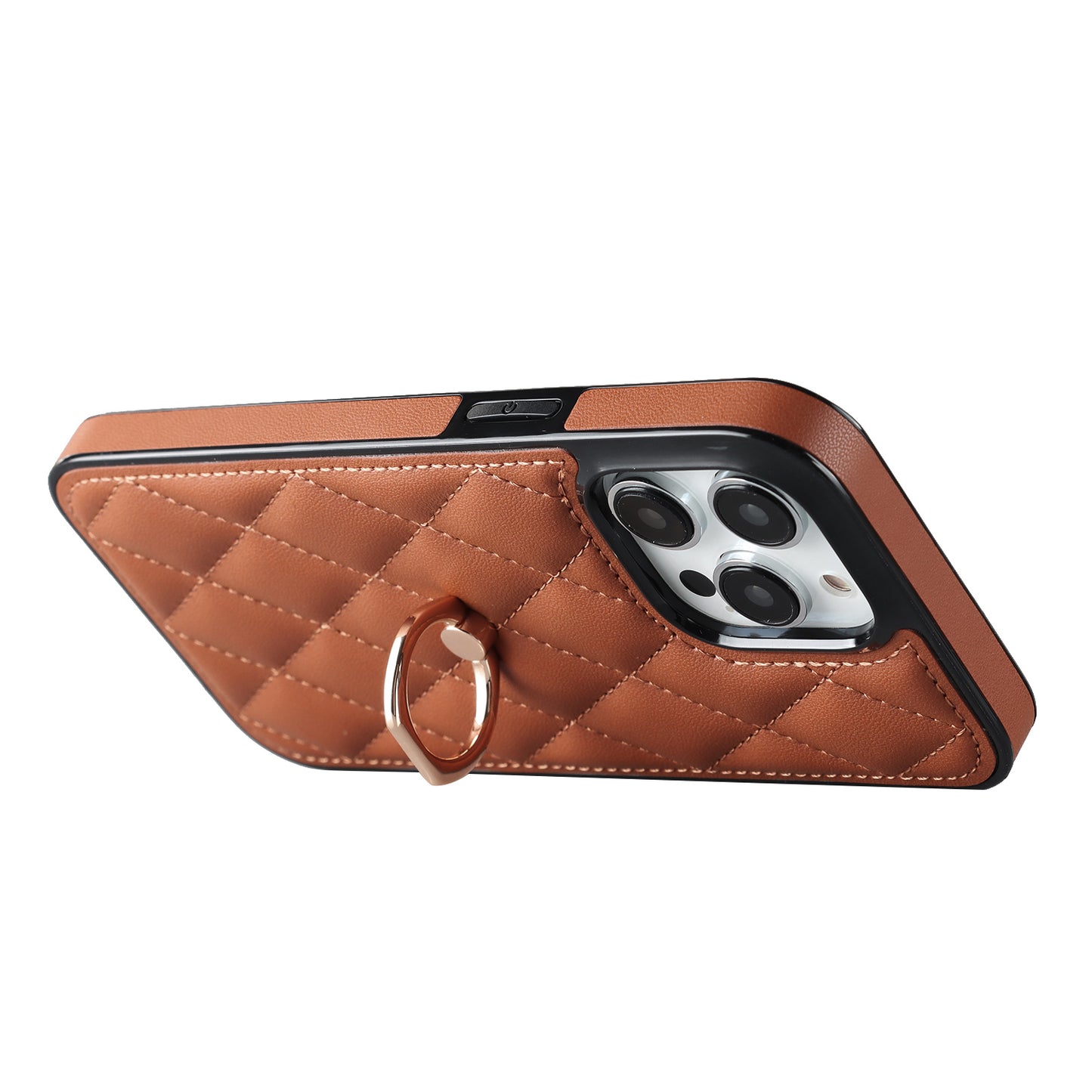 For iPhone 13 Pro 6.1 inch Stitching Rhombus Ring Holder PU Leather+TPU Phone Case Kickstand Phone Cover