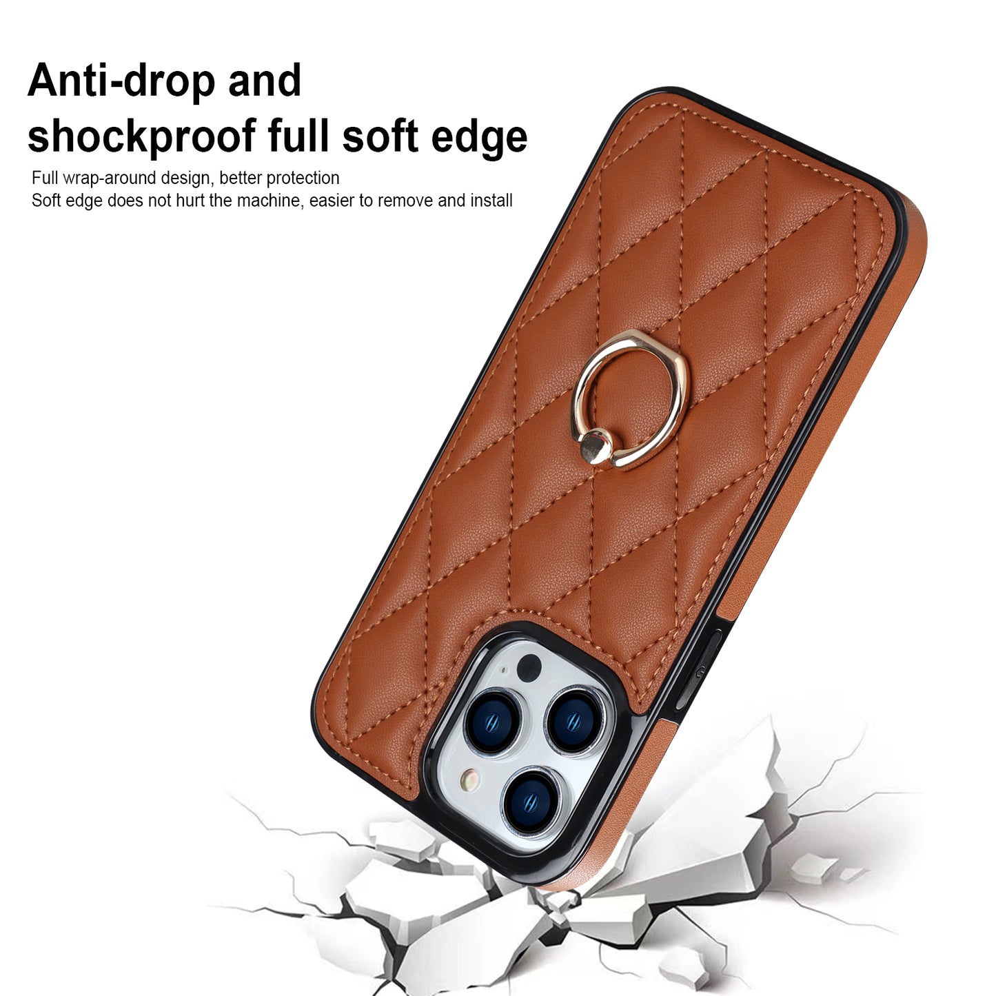 For iPhone 13 Pro 6.1 inch Stitching Rhombus Ring Holder PU Leather+TPU Phone Case Kickstand Phone Cover