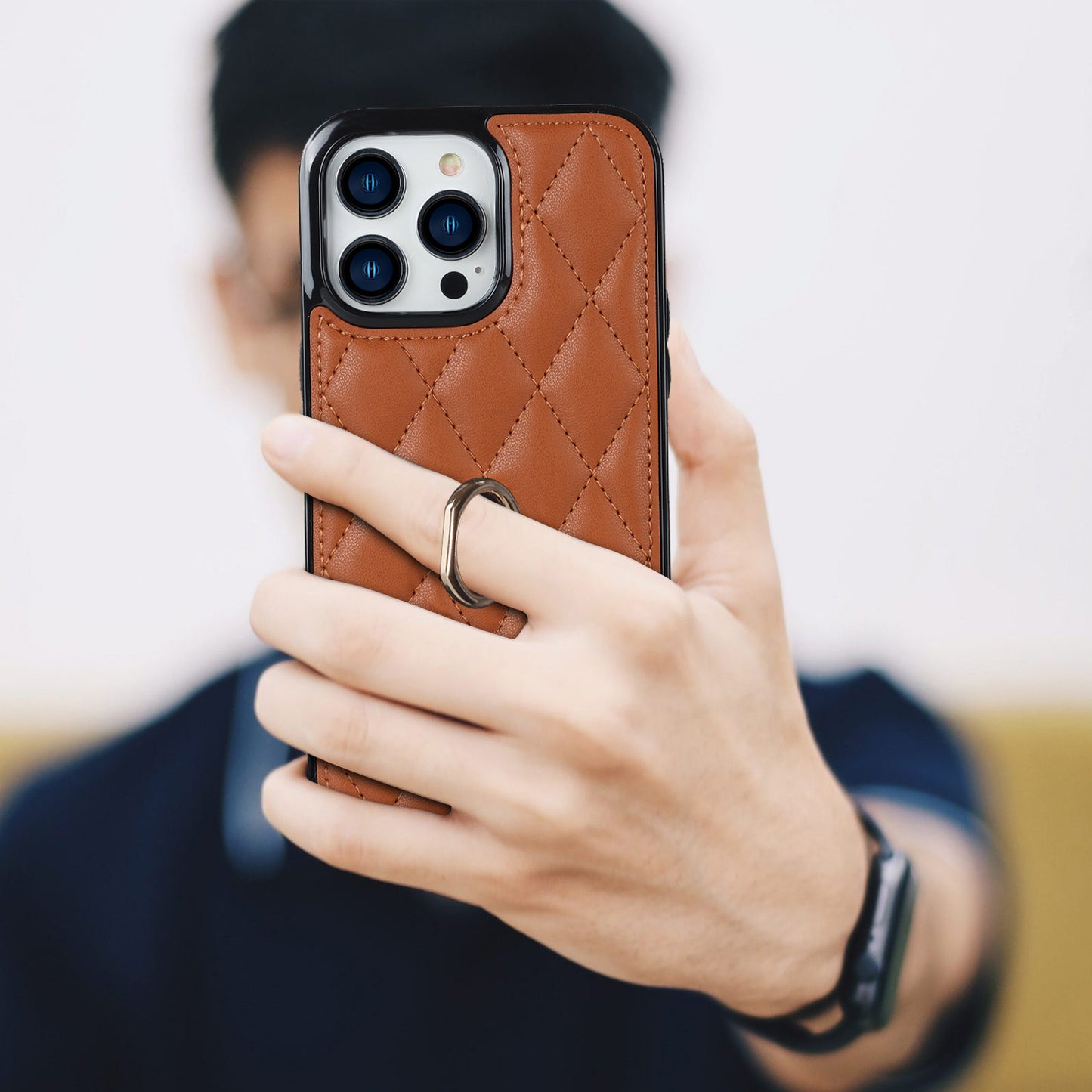 For iPhone 13 Pro 6.1 inch Stitching Rhombus Ring Holder PU Leather+TPU Phone Case Kickstand Phone Cover
