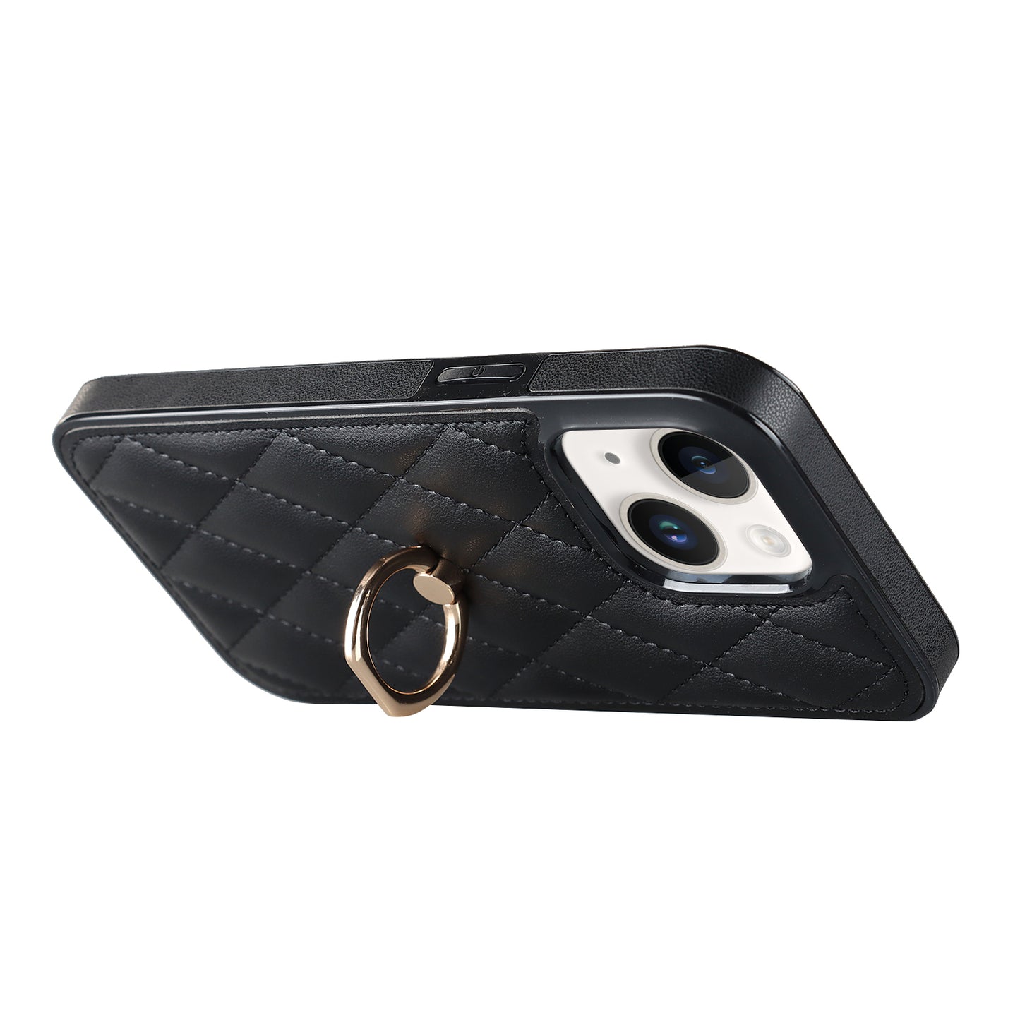 For iPhone 13 6.1 inch PU Leather+TPU Phone Case Stitching Rhombus Ring Holder Kickstand Phone Cover