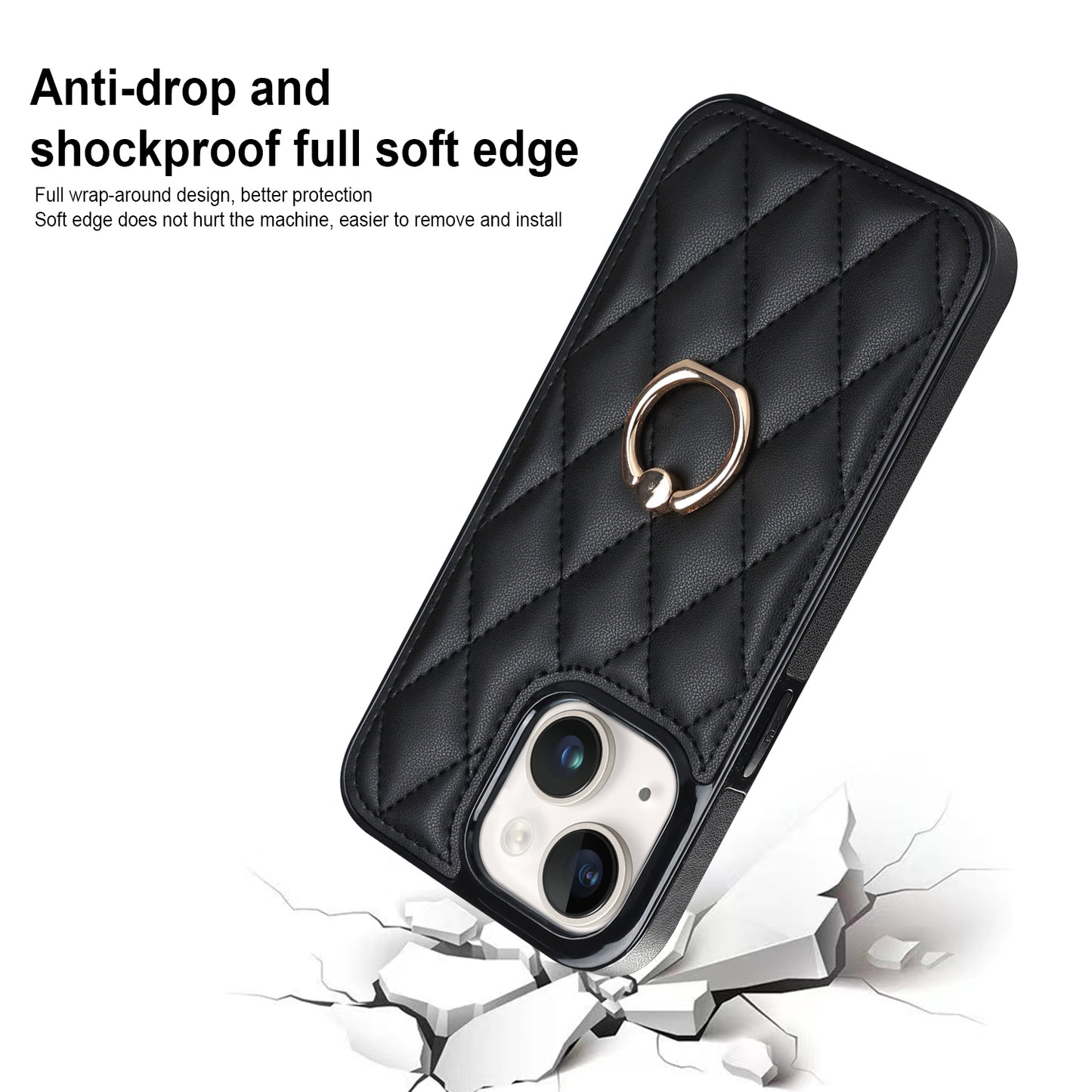 For iPhone 13 6.1 inch PU Leather+TPU Phone Case Stitching Rhombus Ring Holder Kickstand Phone Cover