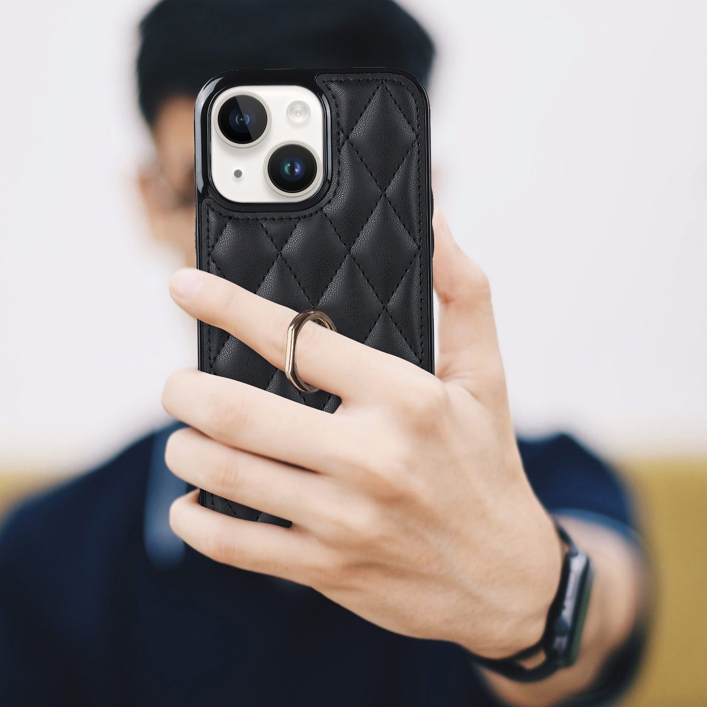 For iPhone 13 6.1 inch PU Leather+TPU Phone Case Stitching Rhombus Ring Holder Kickstand Phone Cover