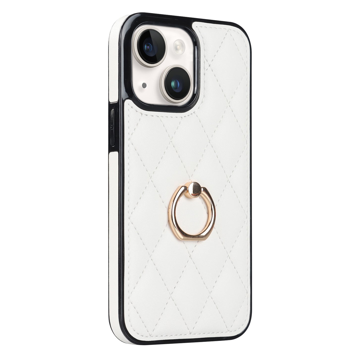 For iPhone 13 6.1 inch PU Leather+TPU Phone Case Stitching Rhombus Ring Holder Kickstand Phone Cover