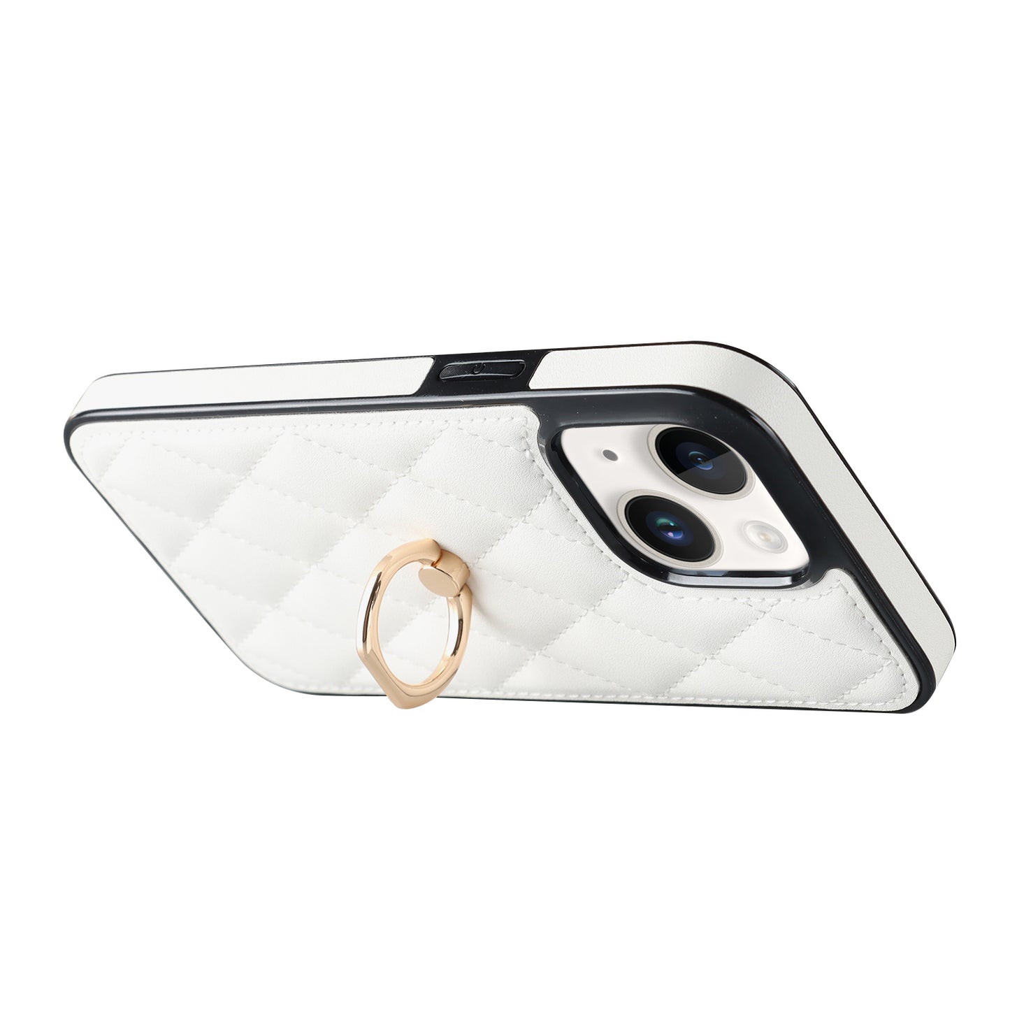 For iPhone 13 6.1 inch PU Leather+TPU Phone Case Stitching Rhombus Ring Holder Kickstand Phone Cover