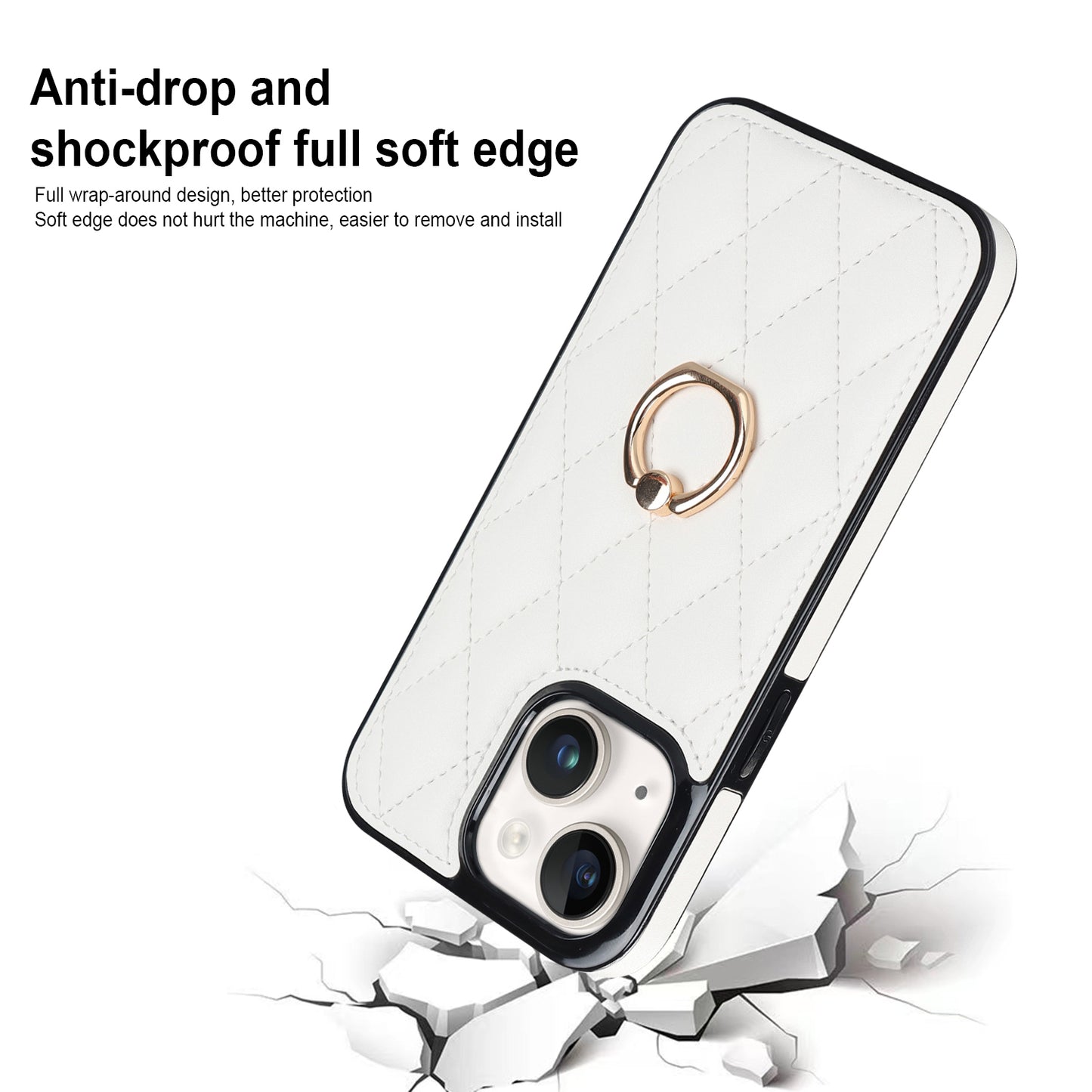 For iPhone 13 6.1 inch PU Leather+TPU Phone Case Stitching Rhombus Ring Holder Kickstand Phone Cover