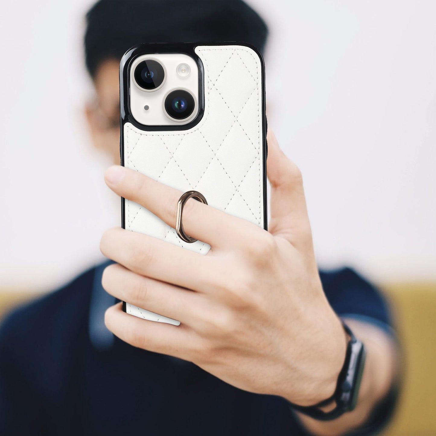 For iPhone 13 6.1 inch PU Leather+TPU Phone Case Stitching Rhombus Ring Holder Kickstand Phone Cover