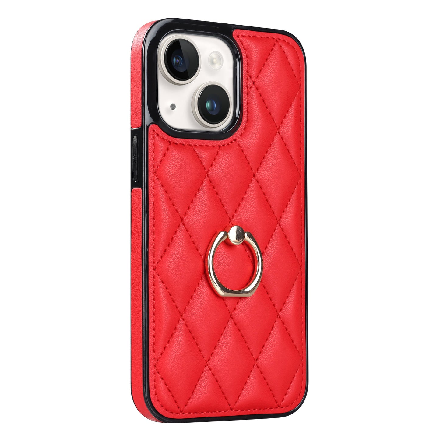 For iPhone 13 6.1 inch PU Leather+TPU Phone Case Stitching Rhombus Ring Holder Kickstand Phone Cover