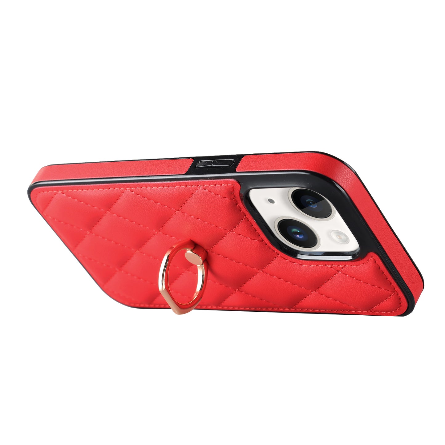 For iPhone 13 6.1 inch PU Leather+TPU Phone Case Stitching Rhombus Ring Holder Kickstand Phone Cover