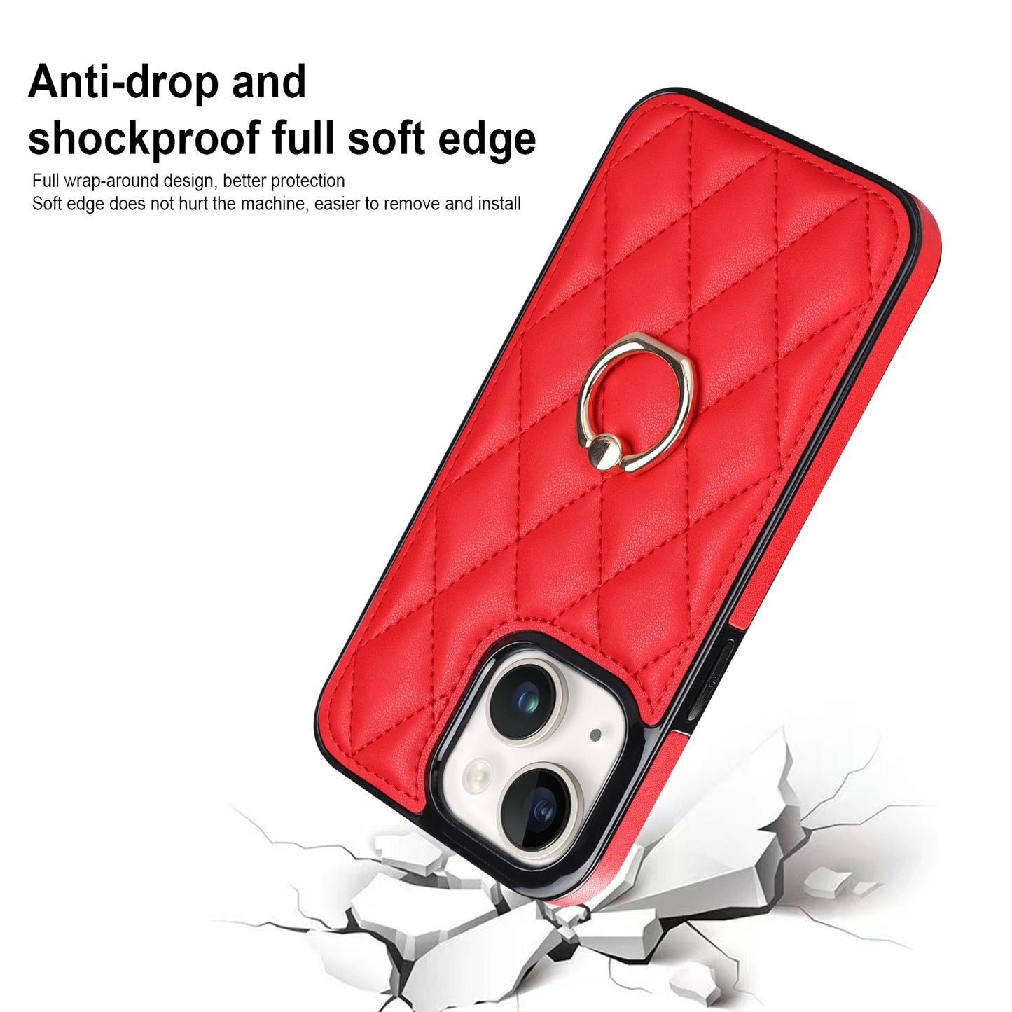 For iPhone 13 6.1 inch PU Leather+TPU Phone Case Stitching Rhombus Ring Holder Kickstand Phone Cover