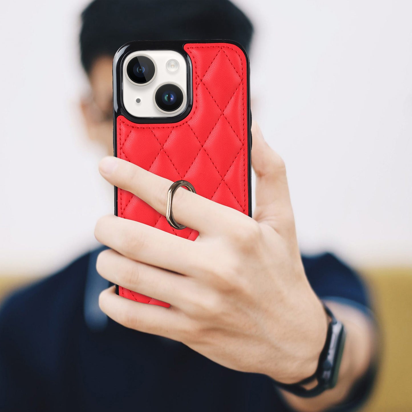 For iPhone 13 6.1 inch PU Leather+TPU Phone Case Stitching Rhombus Ring Holder Kickstand Phone Cover