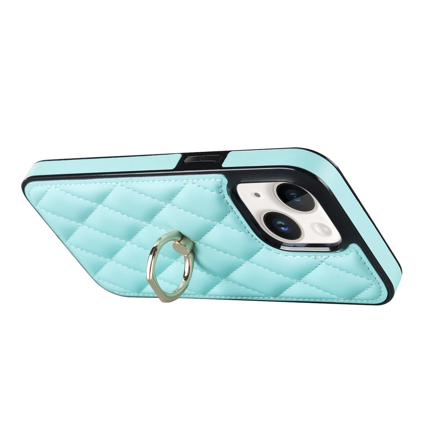 For iPhone 13 6.1 inch PU Leather+TPU Phone Case Stitching Rhombus Ring Holder Kickstand Phone Cover