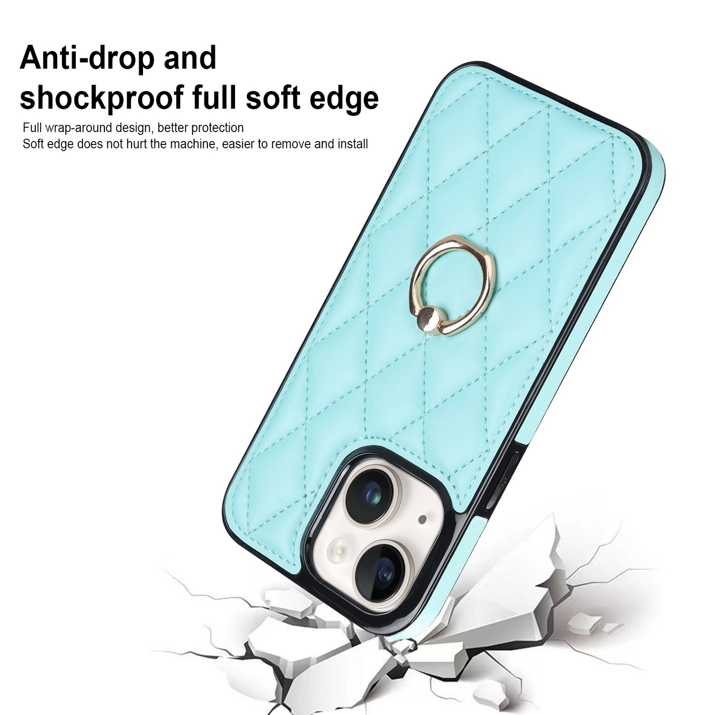 For iPhone 13 6.1 inch PU Leather+TPU Phone Case Stitching Rhombus Ring Holder Kickstand Phone Cover