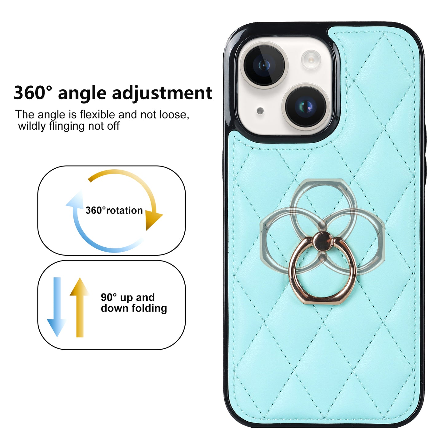 For iPhone 13 6.1 inch PU Leather+TPU Phone Case Stitching Rhombus Ring Holder Kickstand Phone Cover