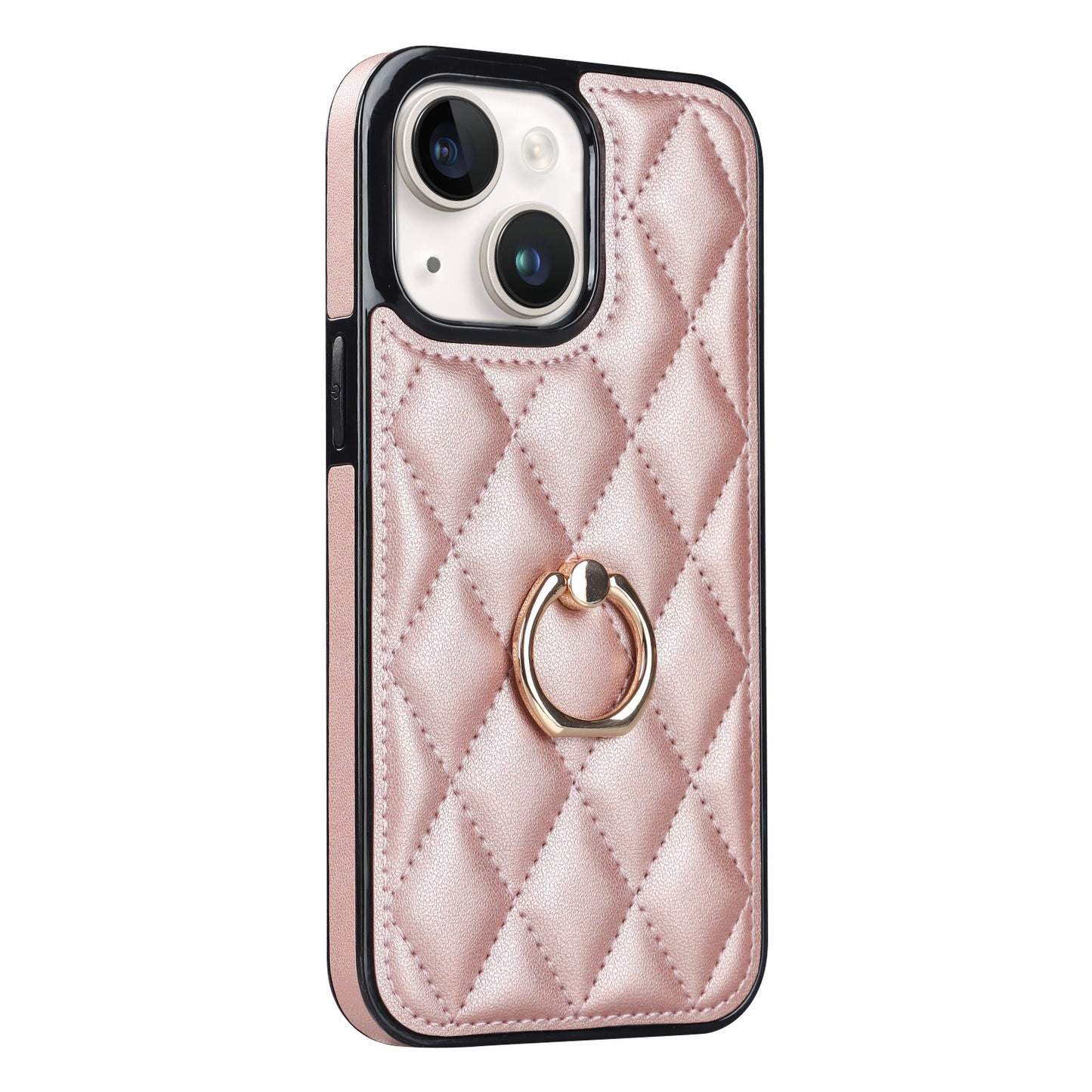 For iPhone 13 6.1 inch PU Leather+TPU Phone Case Stitching Rhombus Ring Holder Kickstand Phone Cover