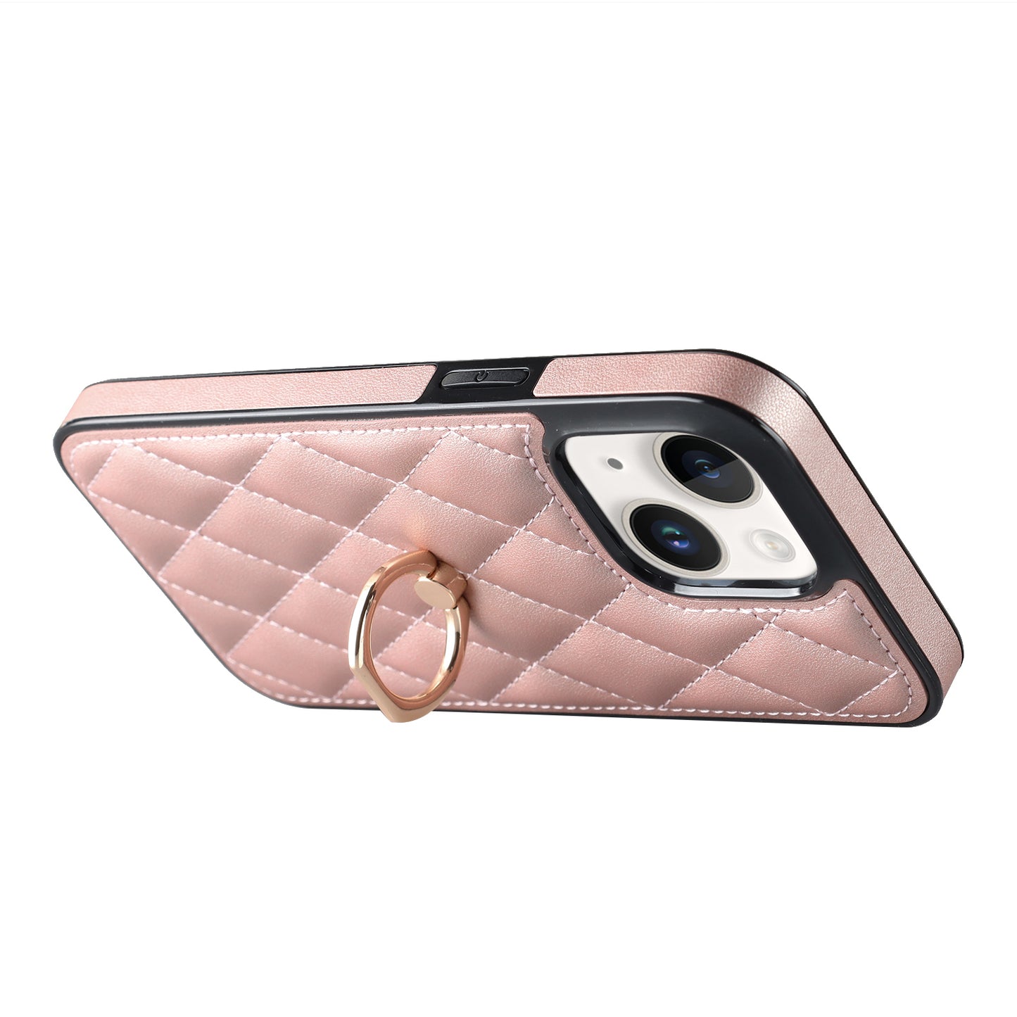 For iPhone 13 6.1 inch PU Leather+TPU Phone Case Stitching Rhombus Ring Holder Kickstand Phone Cover