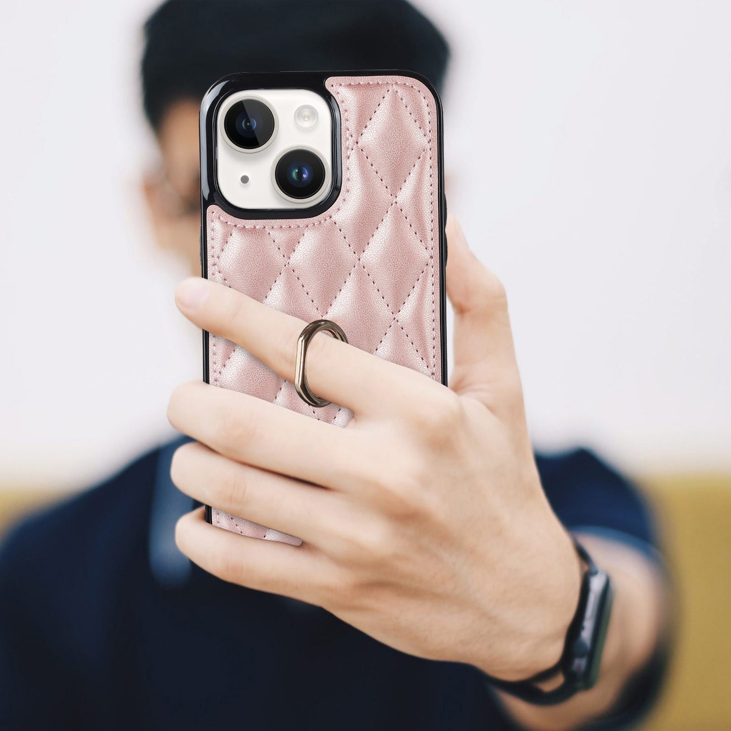 For iPhone 13 6.1 inch PU Leather+TPU Phone Case Stitching Rhombus Ring Holder Kickstand Phone Cover