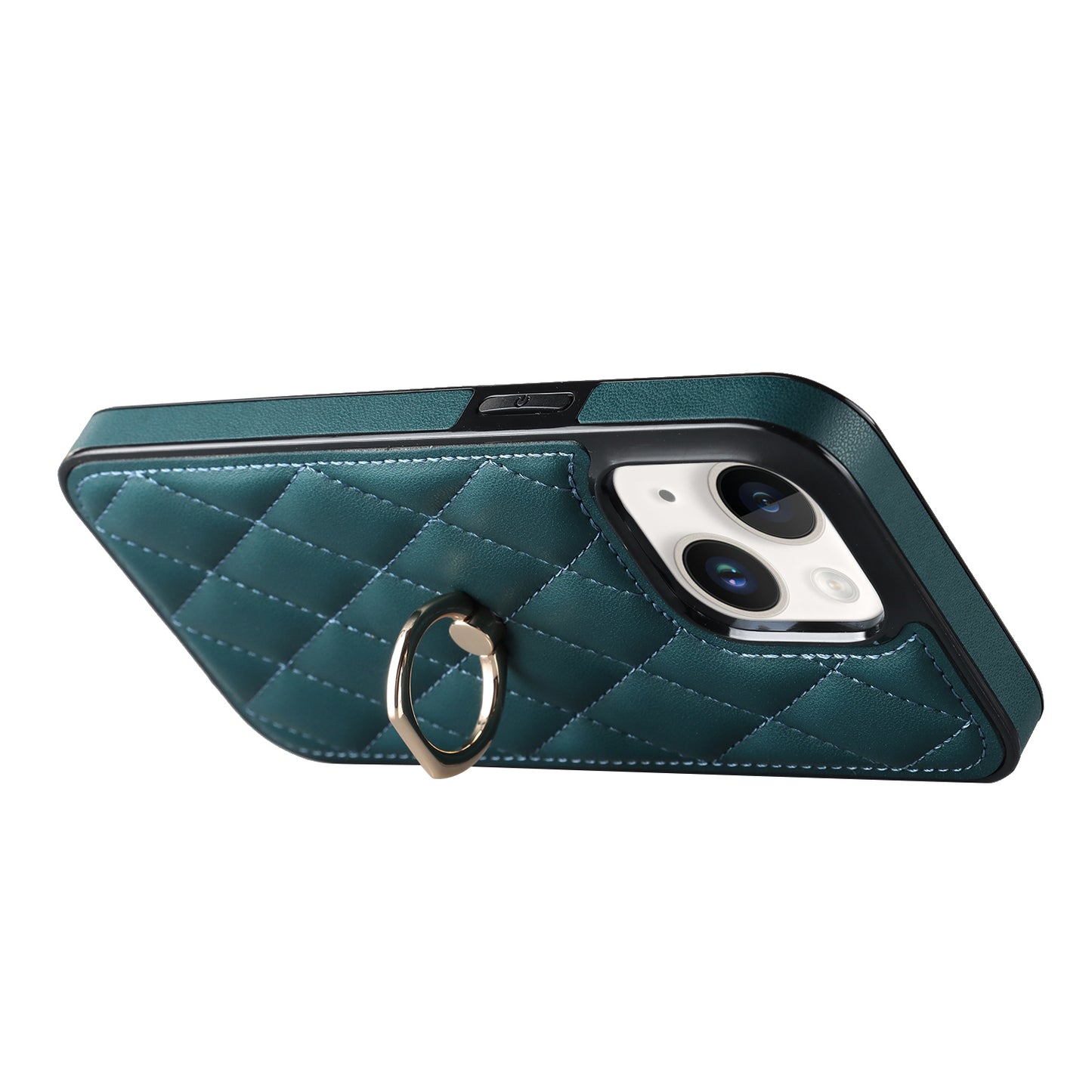 For iPhone 13 6.1 inch PU Leather+TPU Phone Case Stitching Rhombus Ring Holder Kickstand Phone Cover