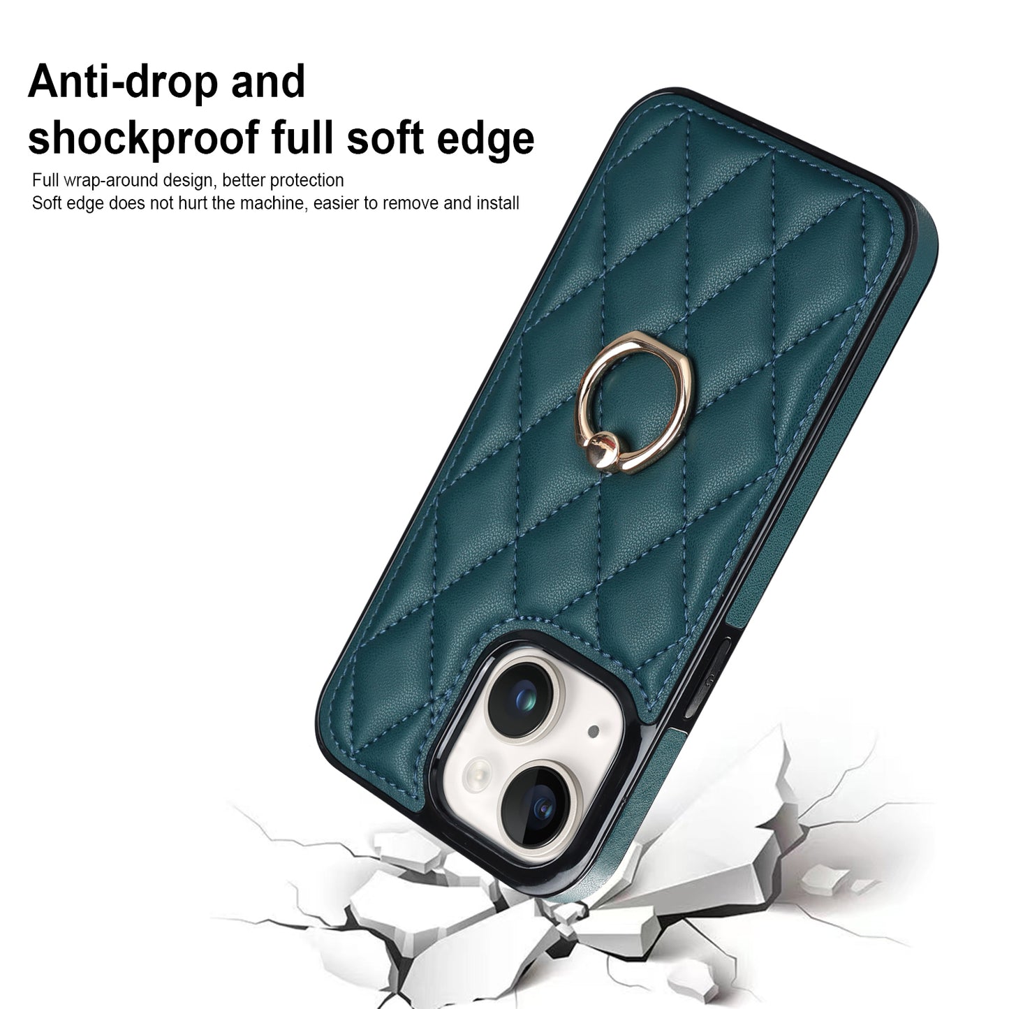 For iPhone 13 6.1 inch PU Leather+TPU Phone Case Stitching Rhombus Ring Holder Kickstand Phone Cover
