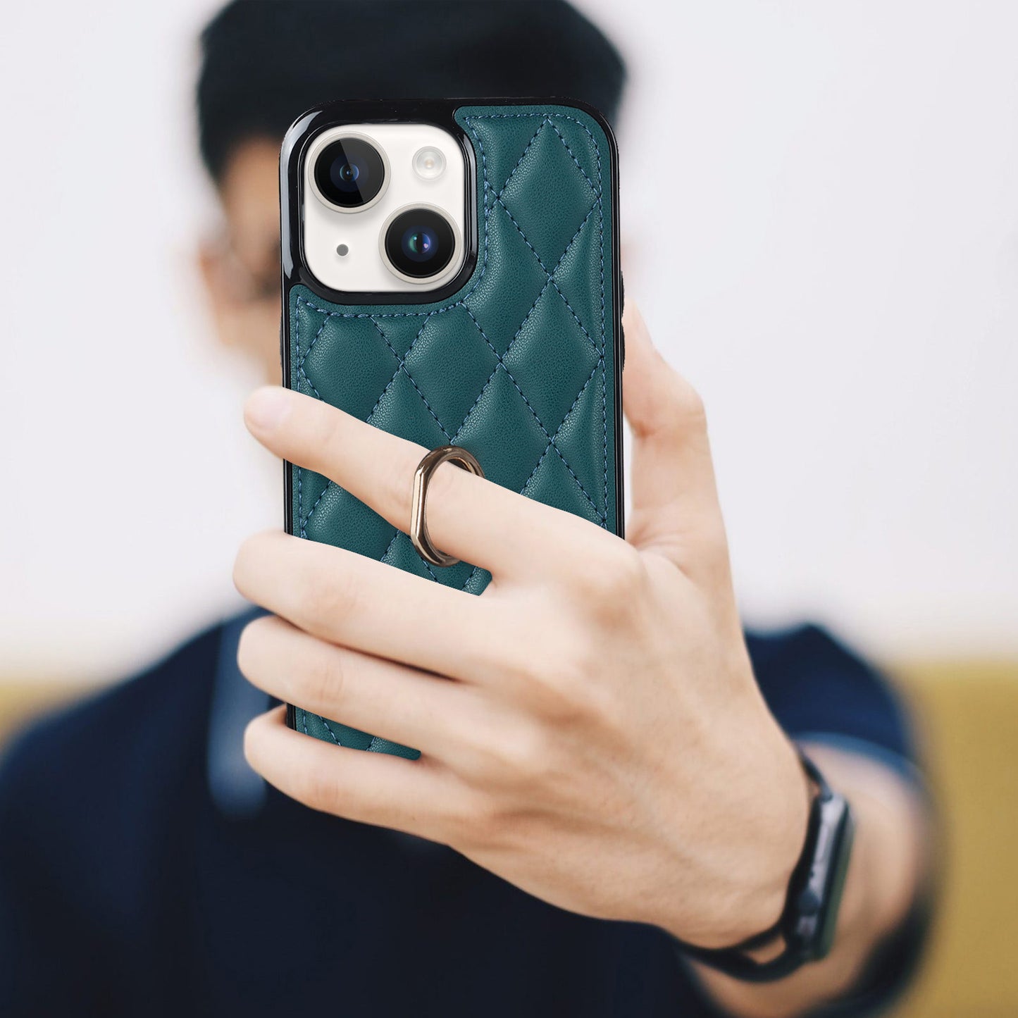 For iPhone 13 6.1 inch PU Leather+TPU Phone Case Stitching Rhombus Ring Holder Kickstand Phone Cover
