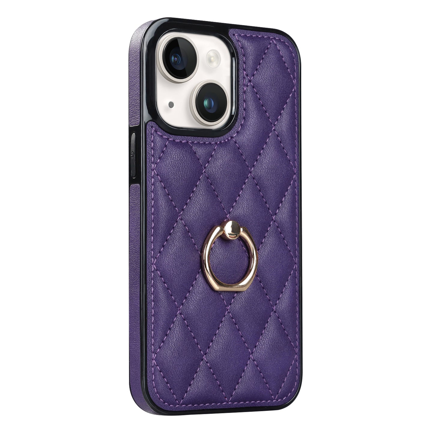 For iPhone 13 6.1 inch PU Leather+TPU Phone Case Stitching Rhombus Ring Holder Kickstand Phone Cover