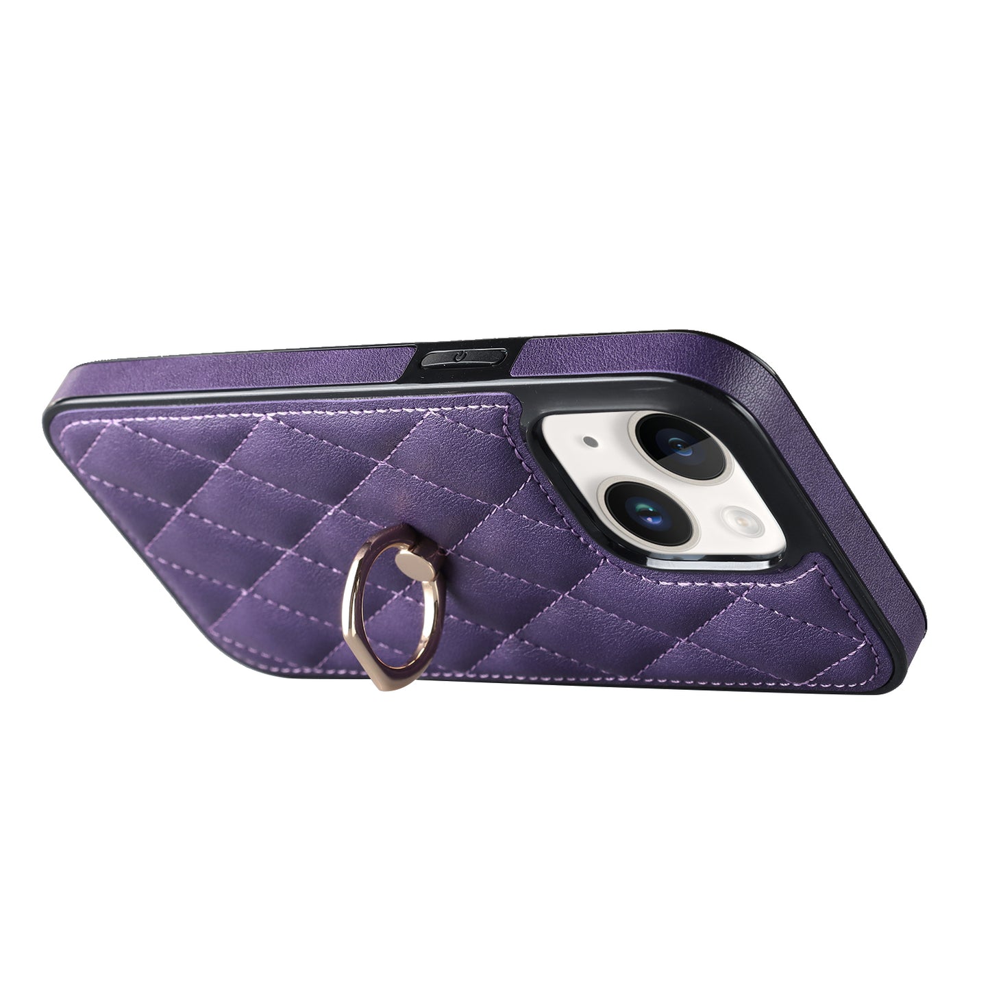 For iPhone 13 6.1 inch PU Leather+TPU Phone Case Stitching Rhombus Ring Holder Kickstand Phone Cover
