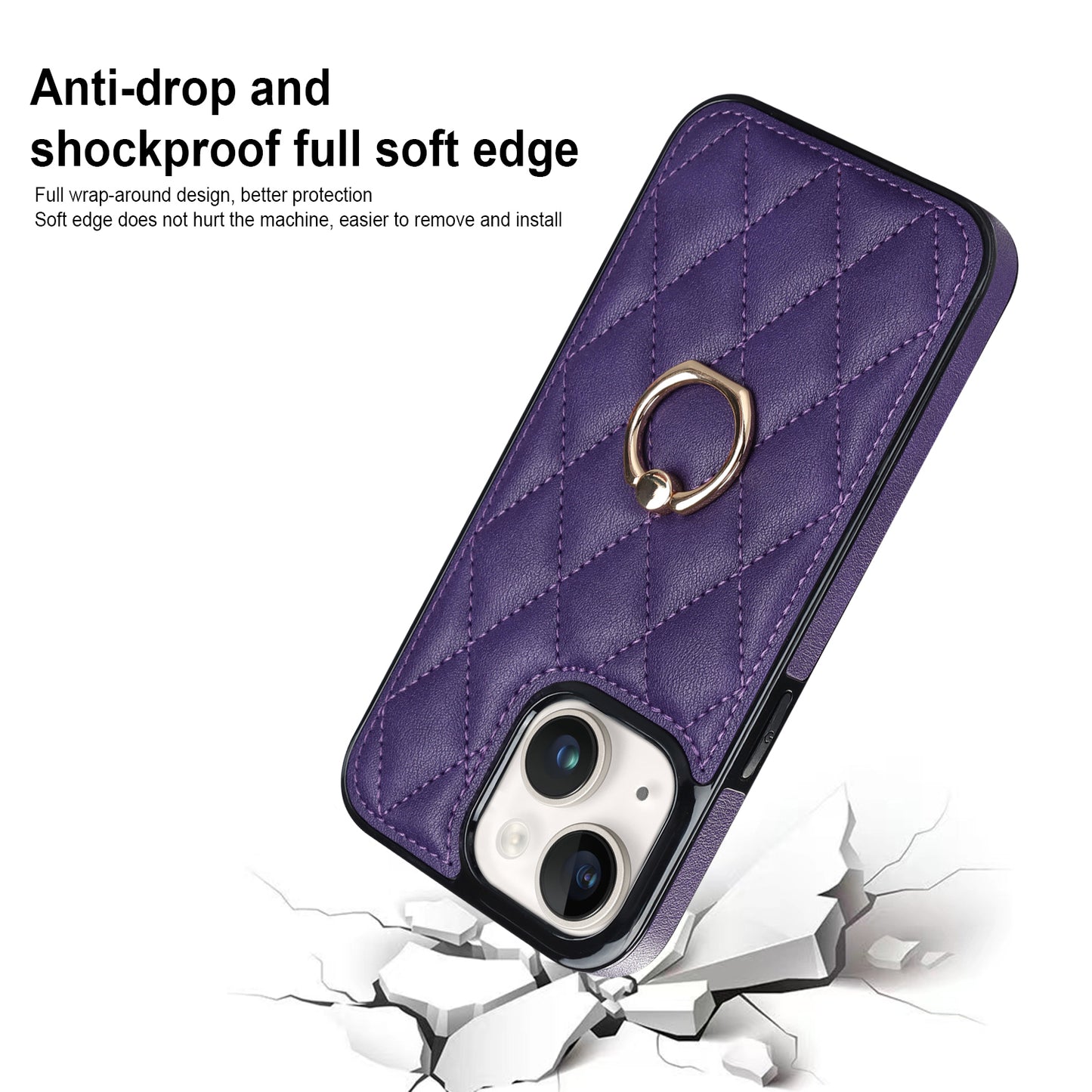 For iPhone 13 6.1 inch PU Leather+TPU Phone Case Stitching Rhombus Ring Holder Kickstand Phone Cover