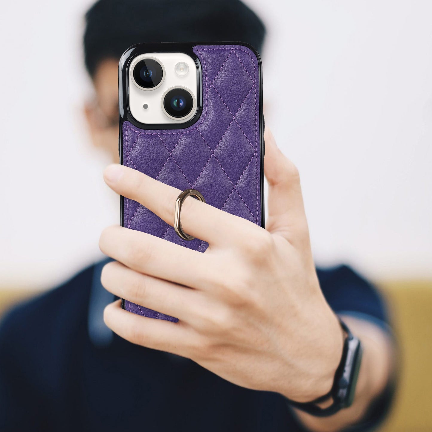 For iPhone 13 6.1 inch PU Leather+TPU Phone Case Stitching Rhombus Ring Holder Kickstand Phone Cover